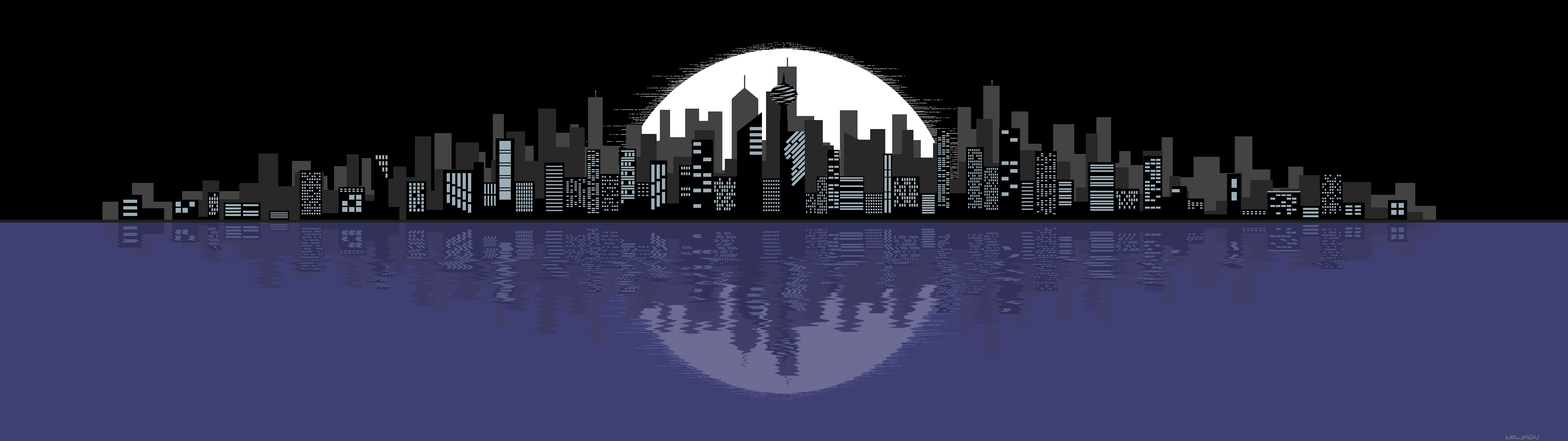 OC Made a simple cityscape wallpaper for my dual monitor setup