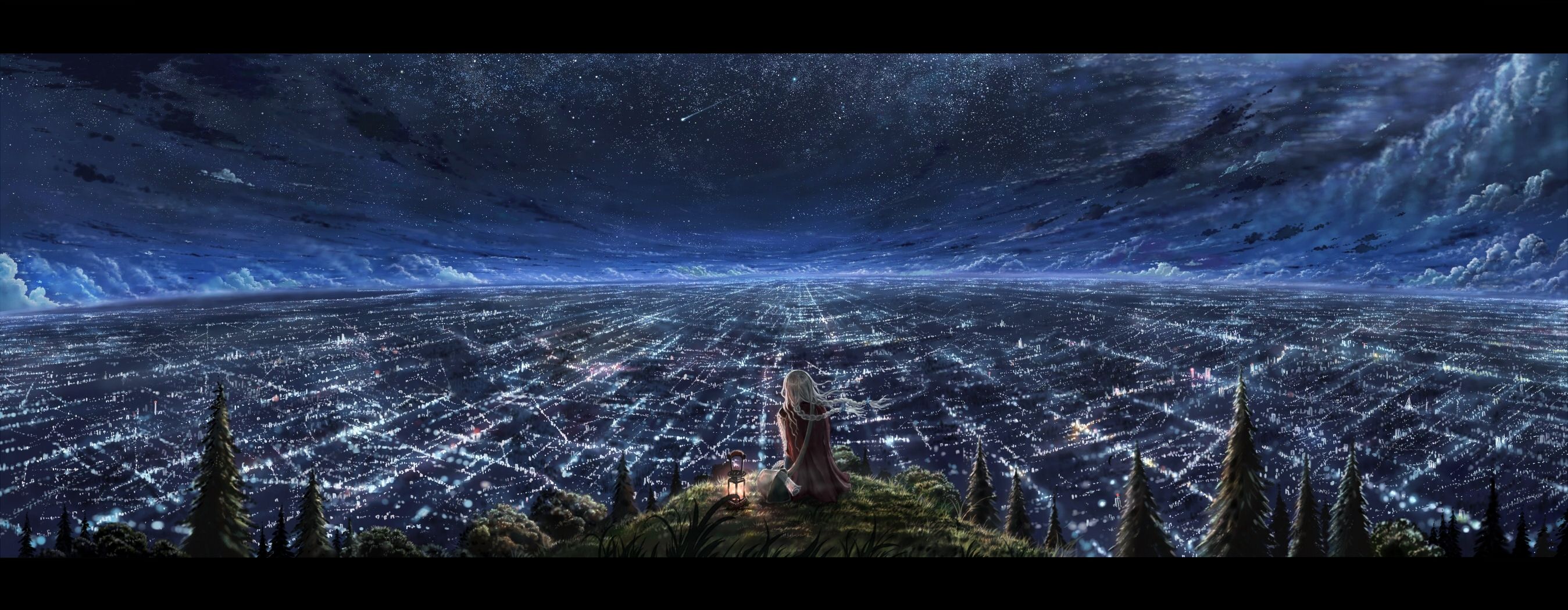 Anime Cityscape At Night Dual Screen Wallpaper Dual At Night Stars Wallpaper & Background Download