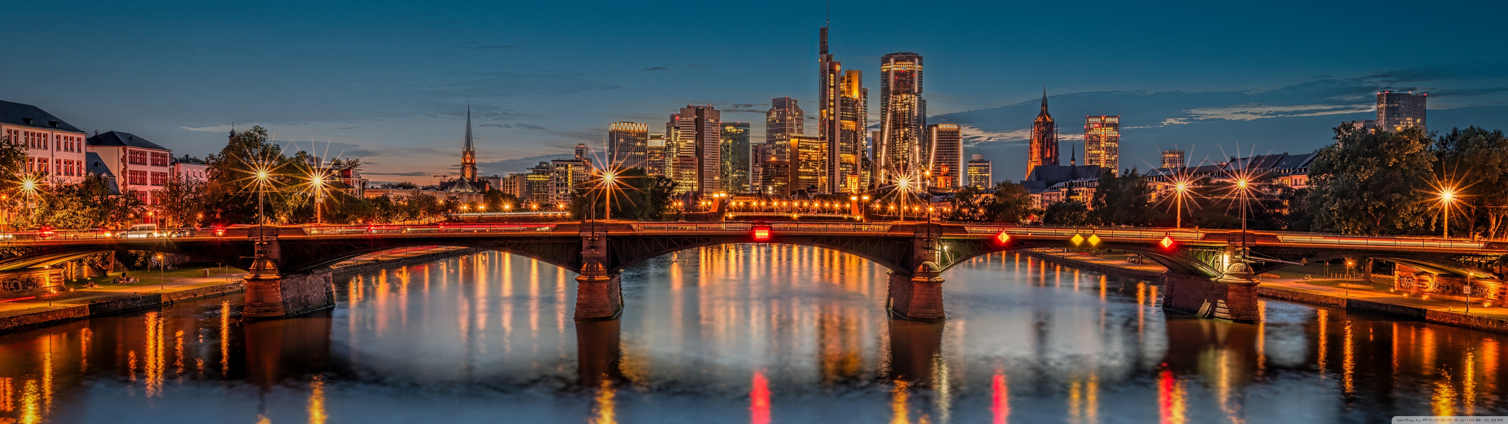 Frankfurt, Germany, Bridge, Evening, City Lights, Europe 4K UHD Wallpaper for UltraHD Desktop and TV, Widescreen and UltraWide Display, Dual Monitor