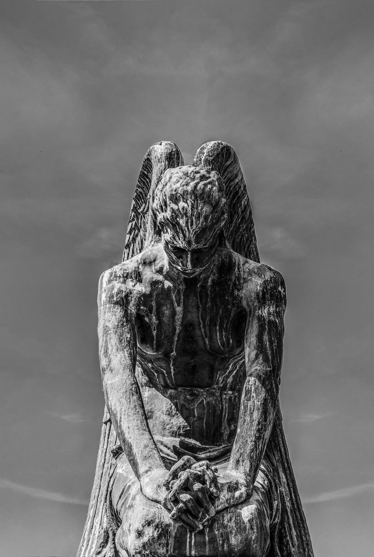 Download Angel Statue Black And White Wallpaper