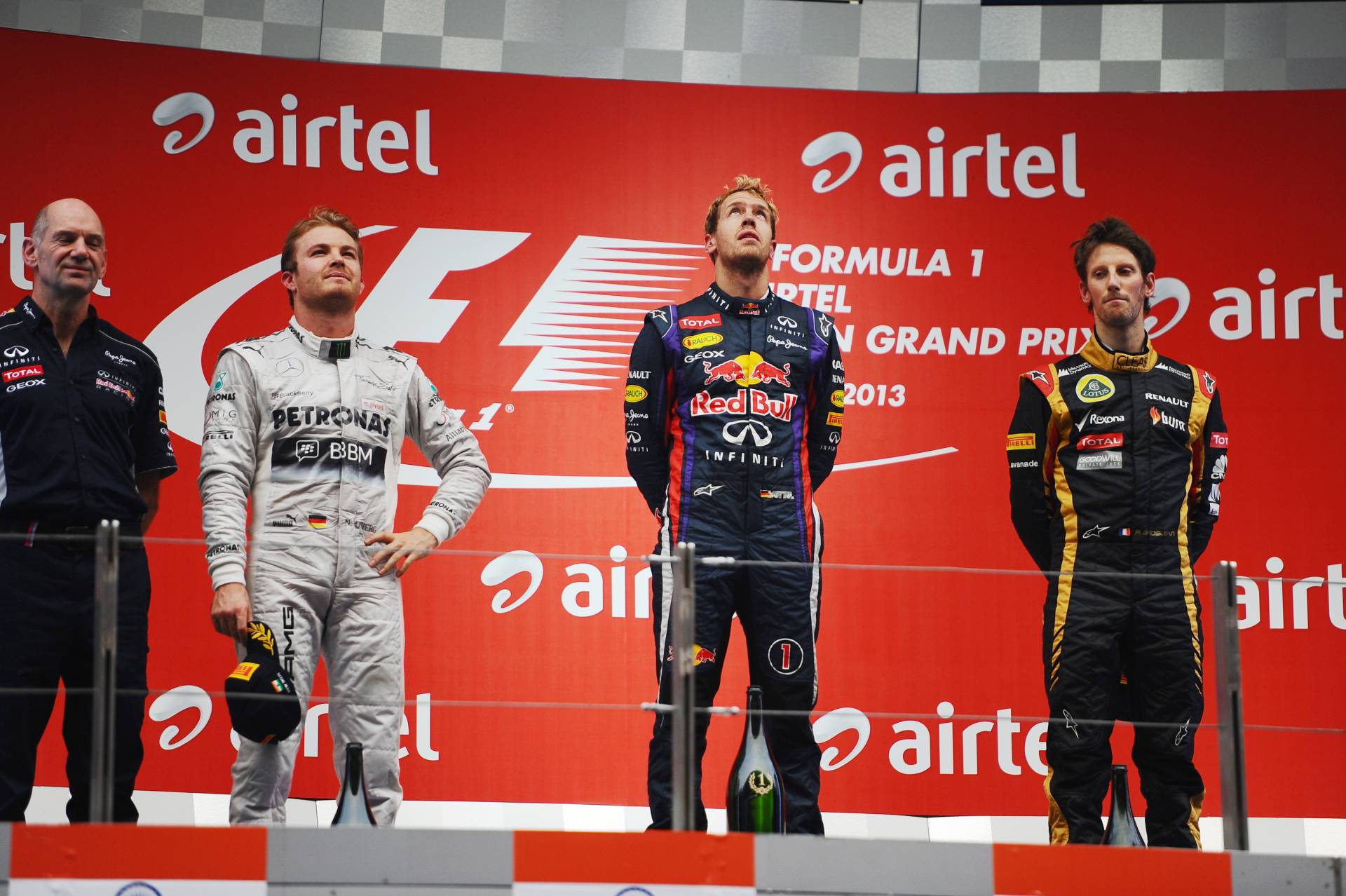 The Podium, Adrian Newey (Red Bull Racing), Nico Rosberg (Mercedes AMG F1 Team), Sebastian Vettel (Red Bull Racing) and Romain Grosjean (Lotus F1 Team). Marco's Formula 1 Page