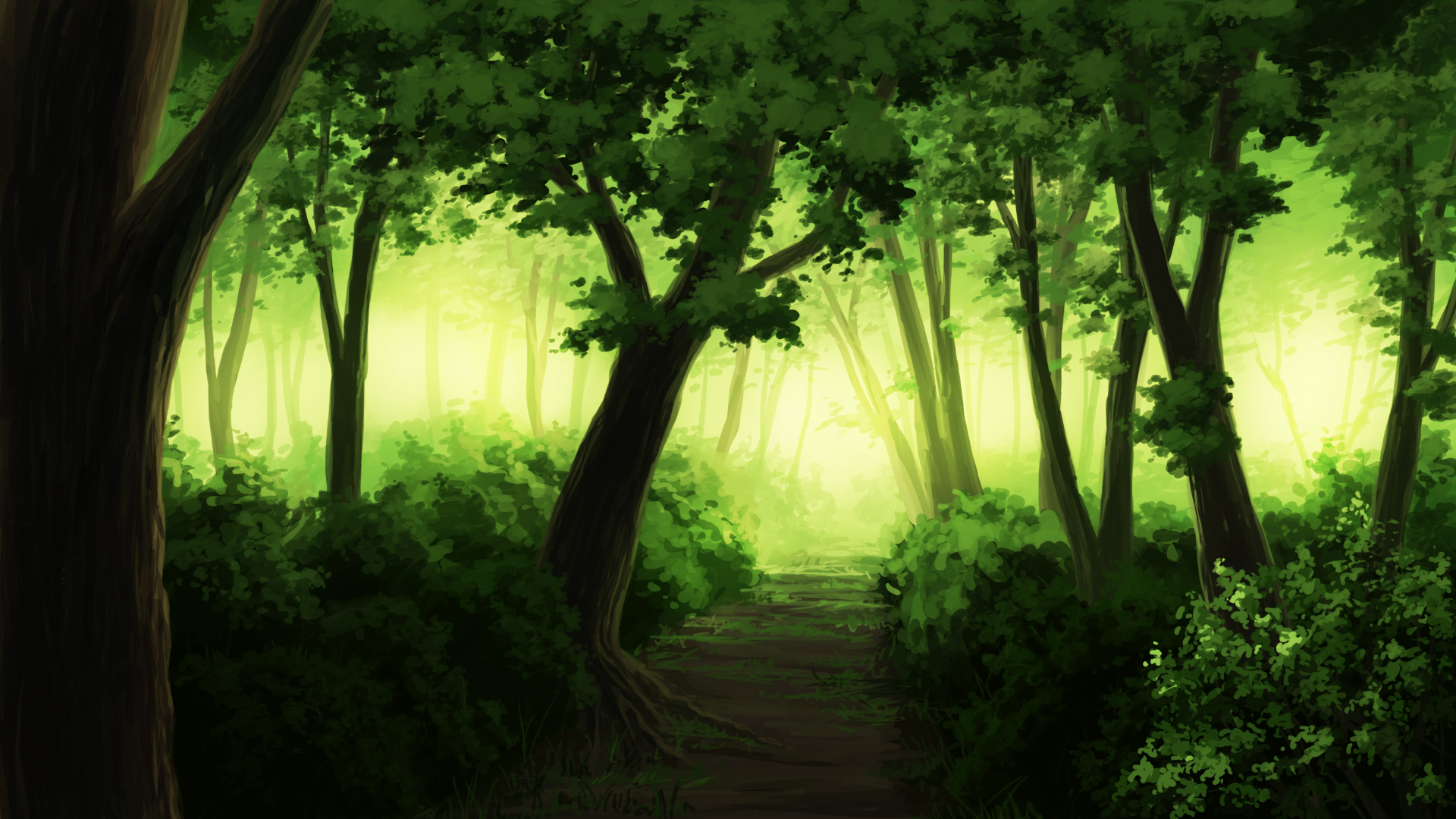 Enchanting Anime Forest HD Wallpaper: A Lush Green Escape by 青葉 HAL
