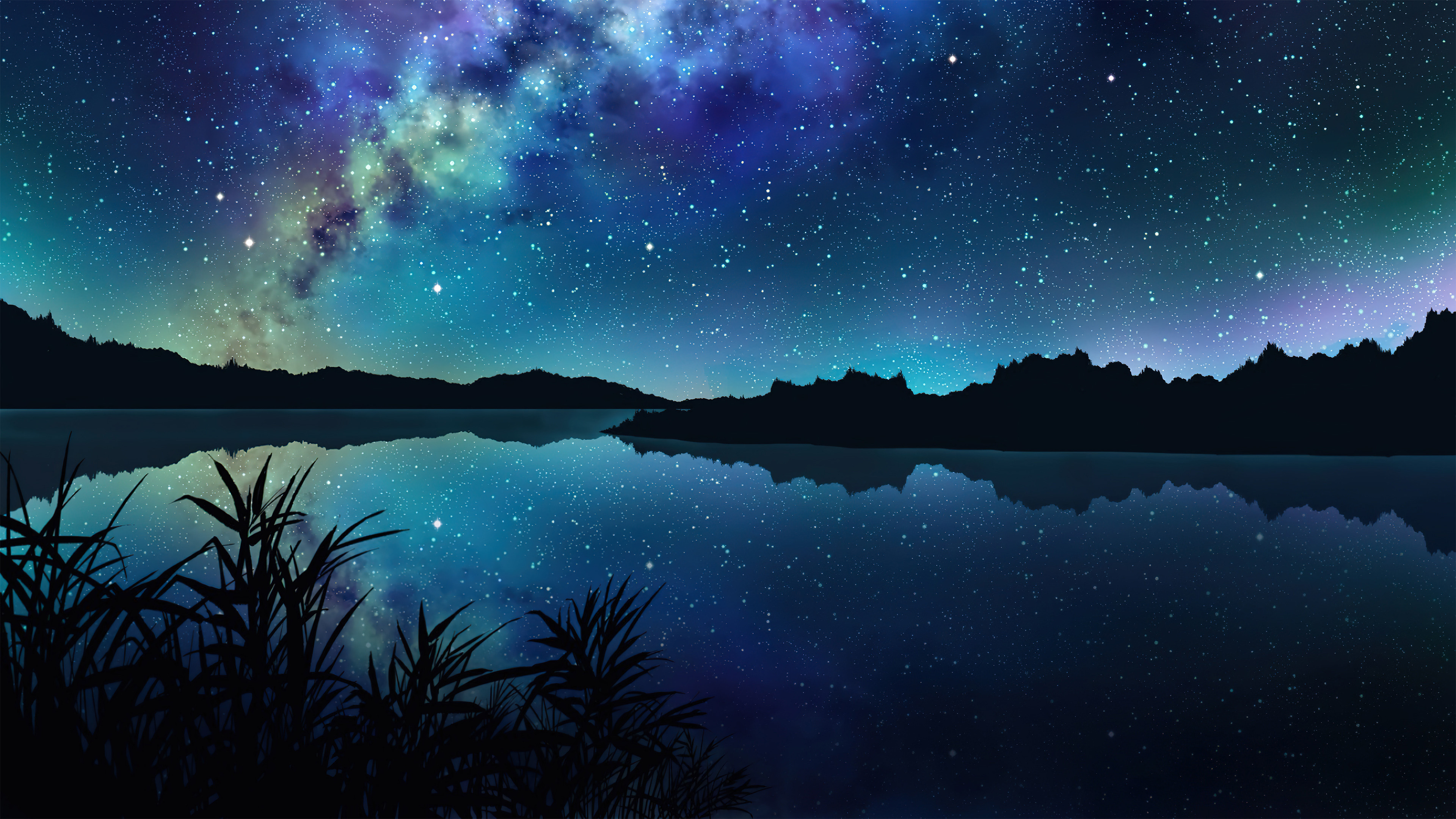 Stars Blue Sky Mountains Reflection On Water Anime Background 4K HD Anime Background Wallpaper