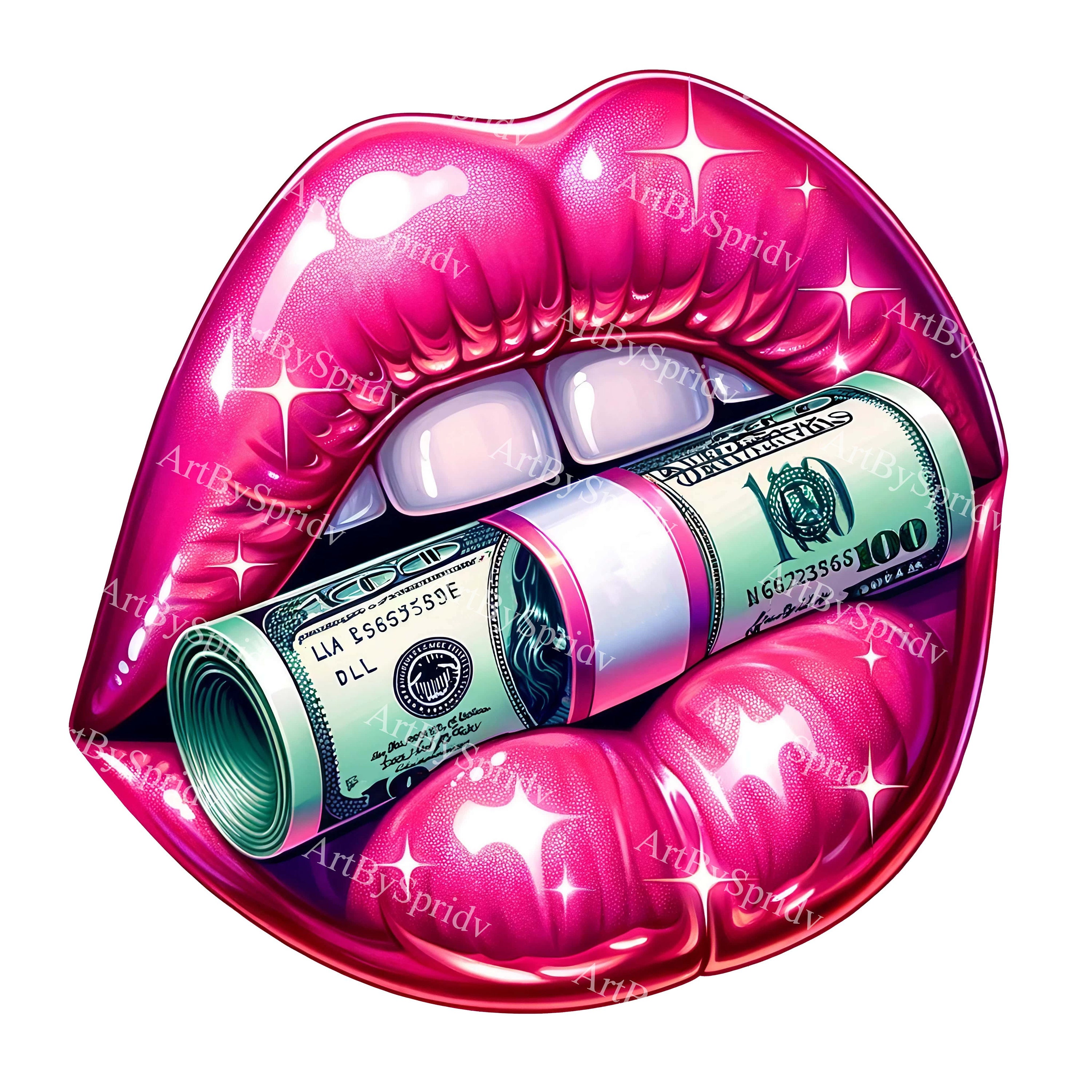 Glam Money Lips PNG Clipart. High Quality Transparent Pink Lip Art. Digital Printable Sublimation. Financial Feminine Art