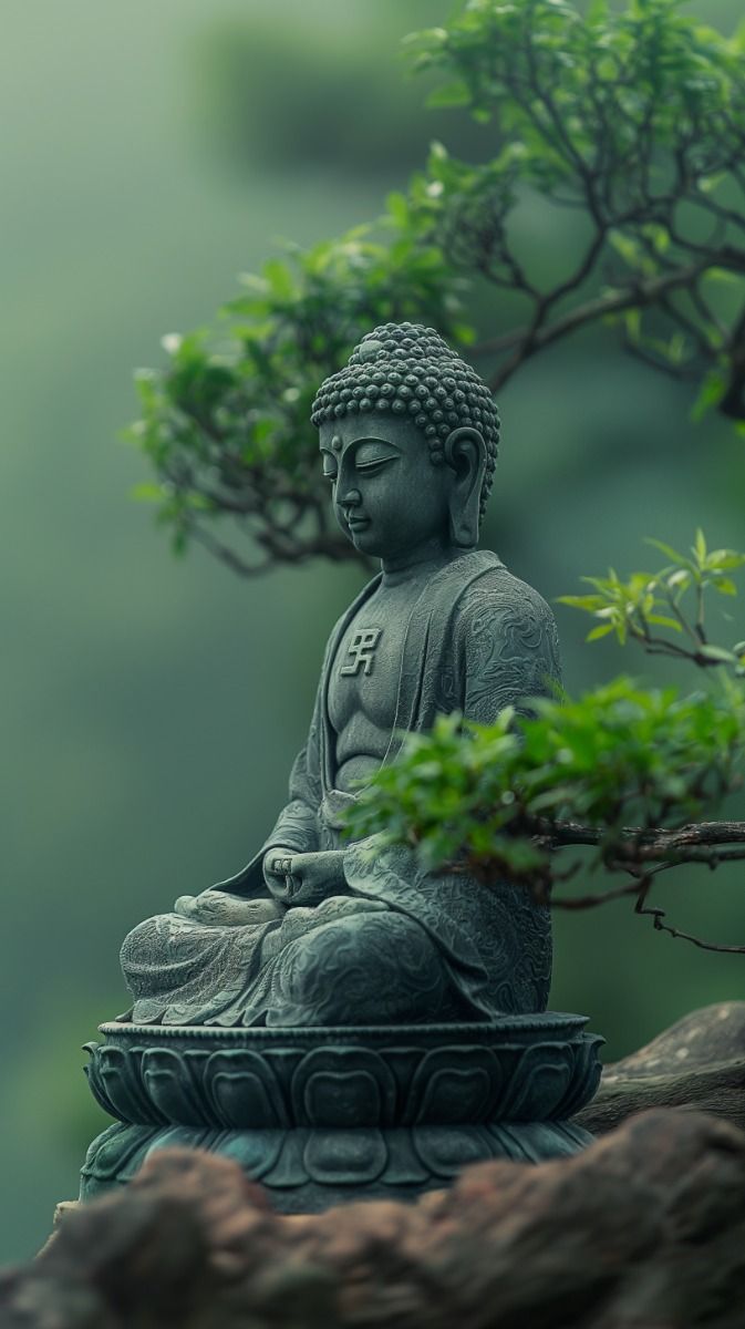 Majestic Meditation: Buddha Statue in a Foggy Mountain Paradise