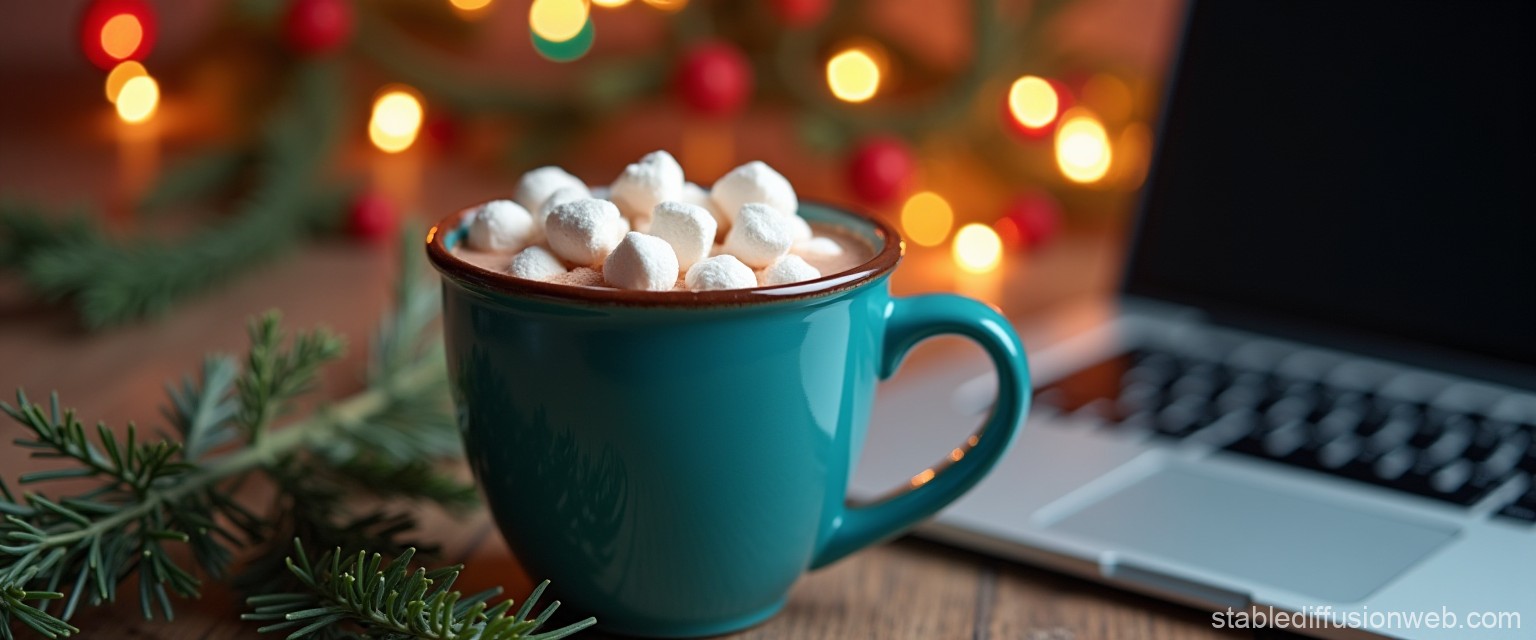 blue mug with hot latte on a snowy christmas background delicate colors coziness Prompts. Stable Diffusion Online