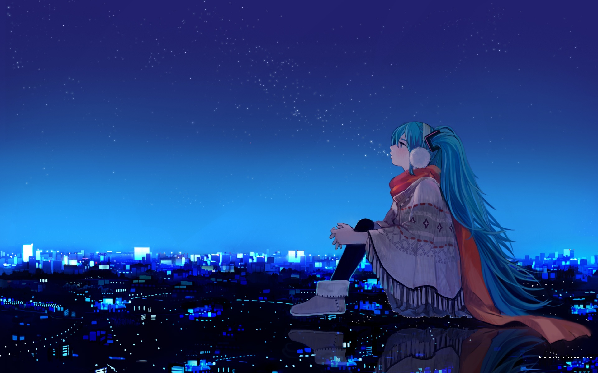 Wallpaper girl, stars, night, the city, lights, home, art, vocaloid for mobile and desktop, section аниме, resolution 1920x1200
