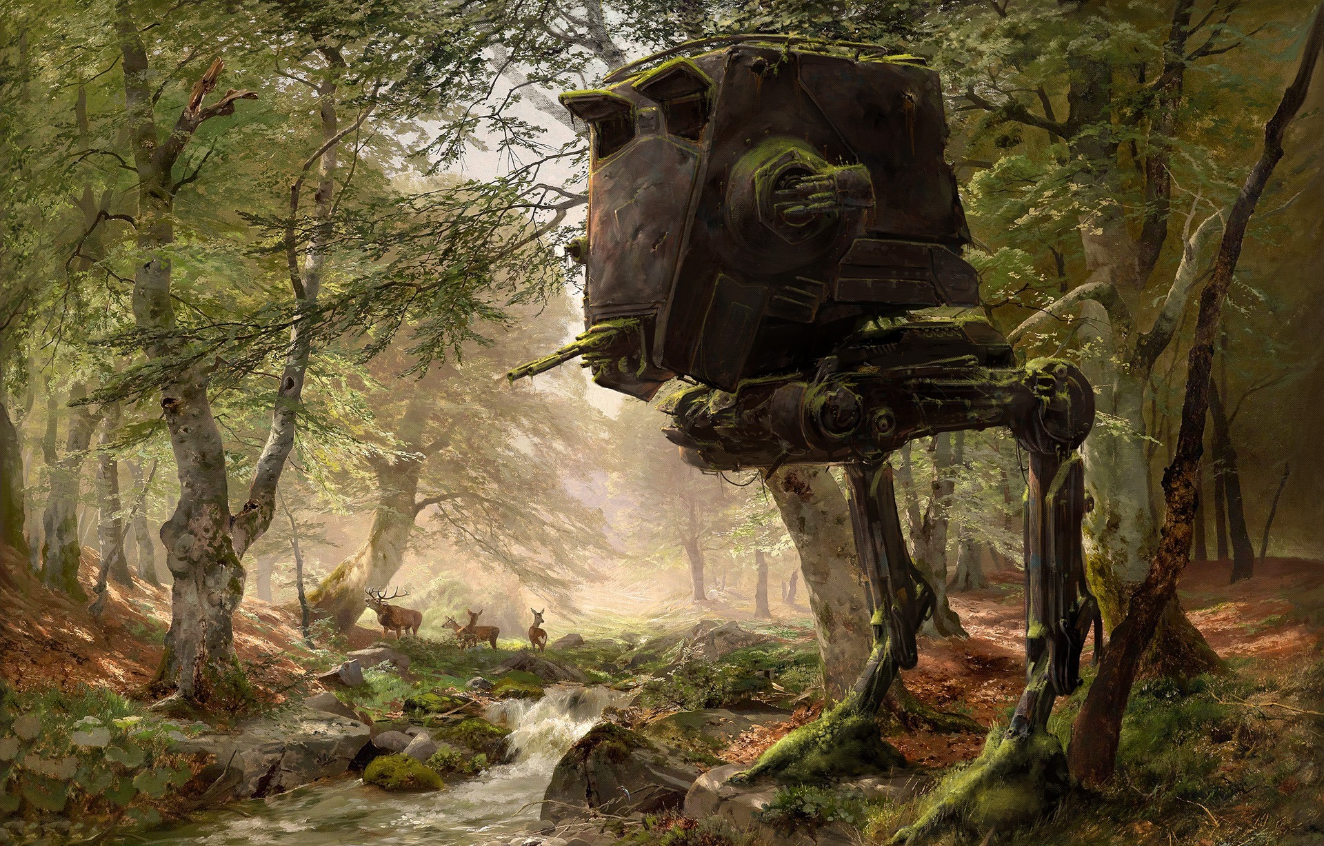 Wallpaper Forest, Trees, Deer, Star Wars, Robot, Art, AT ST, Imperial AT ST Scout Walker For Mobile And Desktop, Section фантастика, Resolution 1920x1227