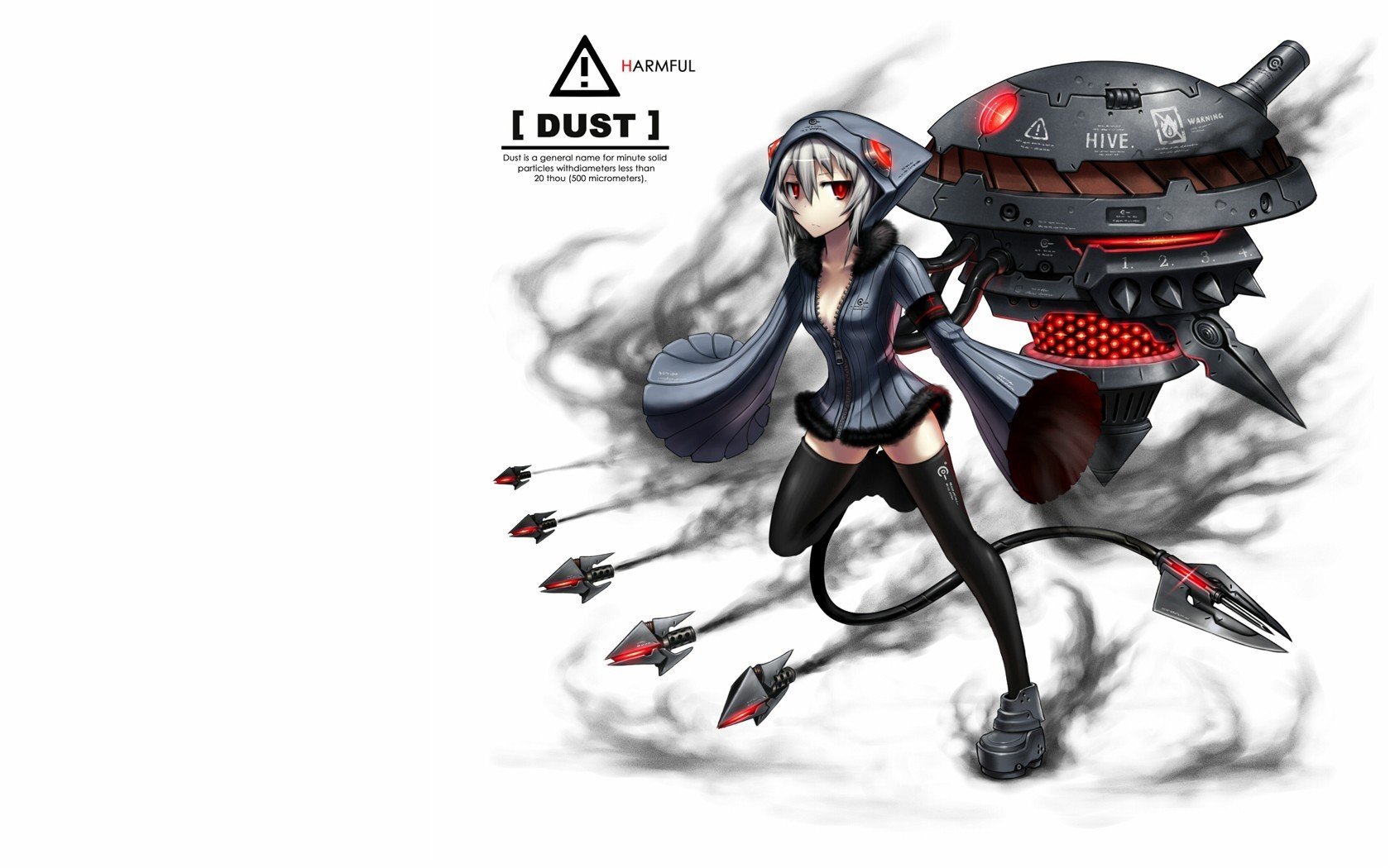 Moefied Robot Girl in Zippered Hood & Thigh Highs Amidst Dust Anime Wallpaper