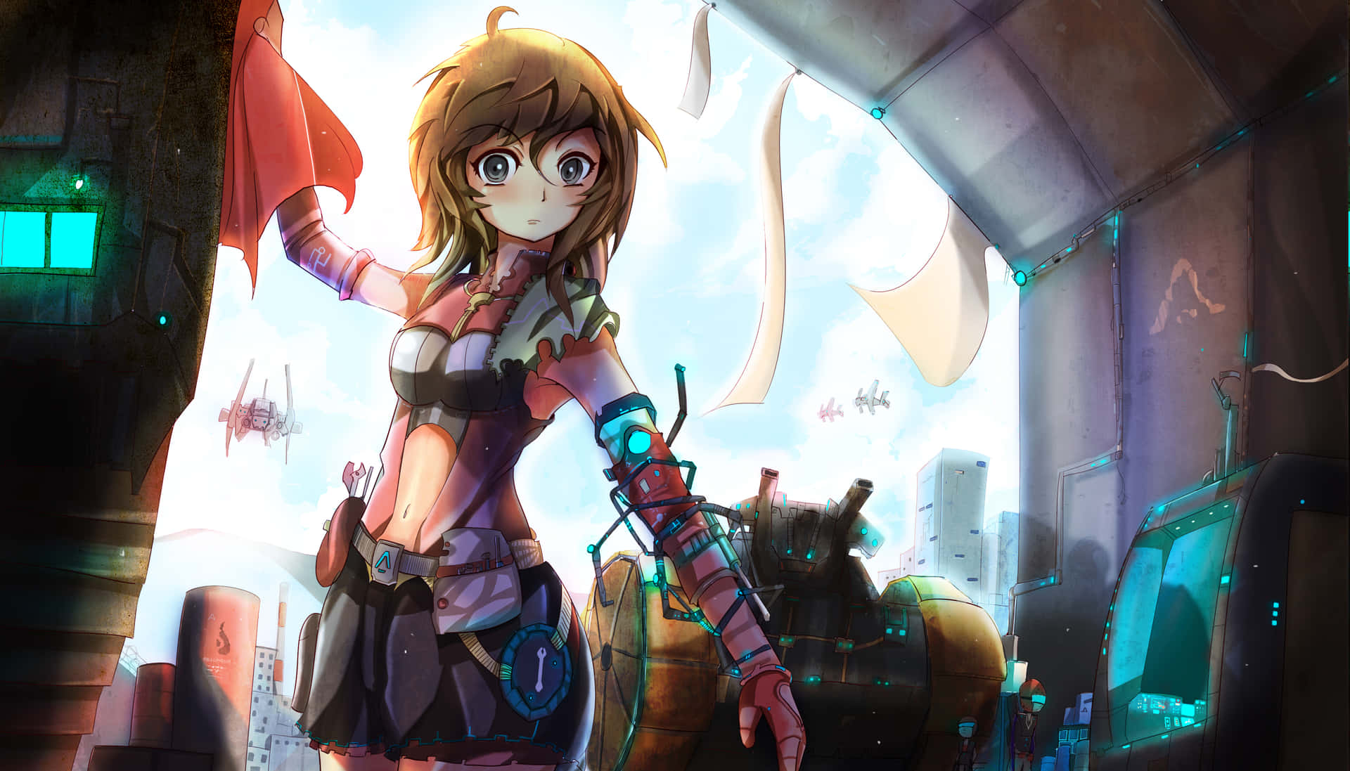 Download A Girl In A Futuristic Setting With A Robot Wallpaper