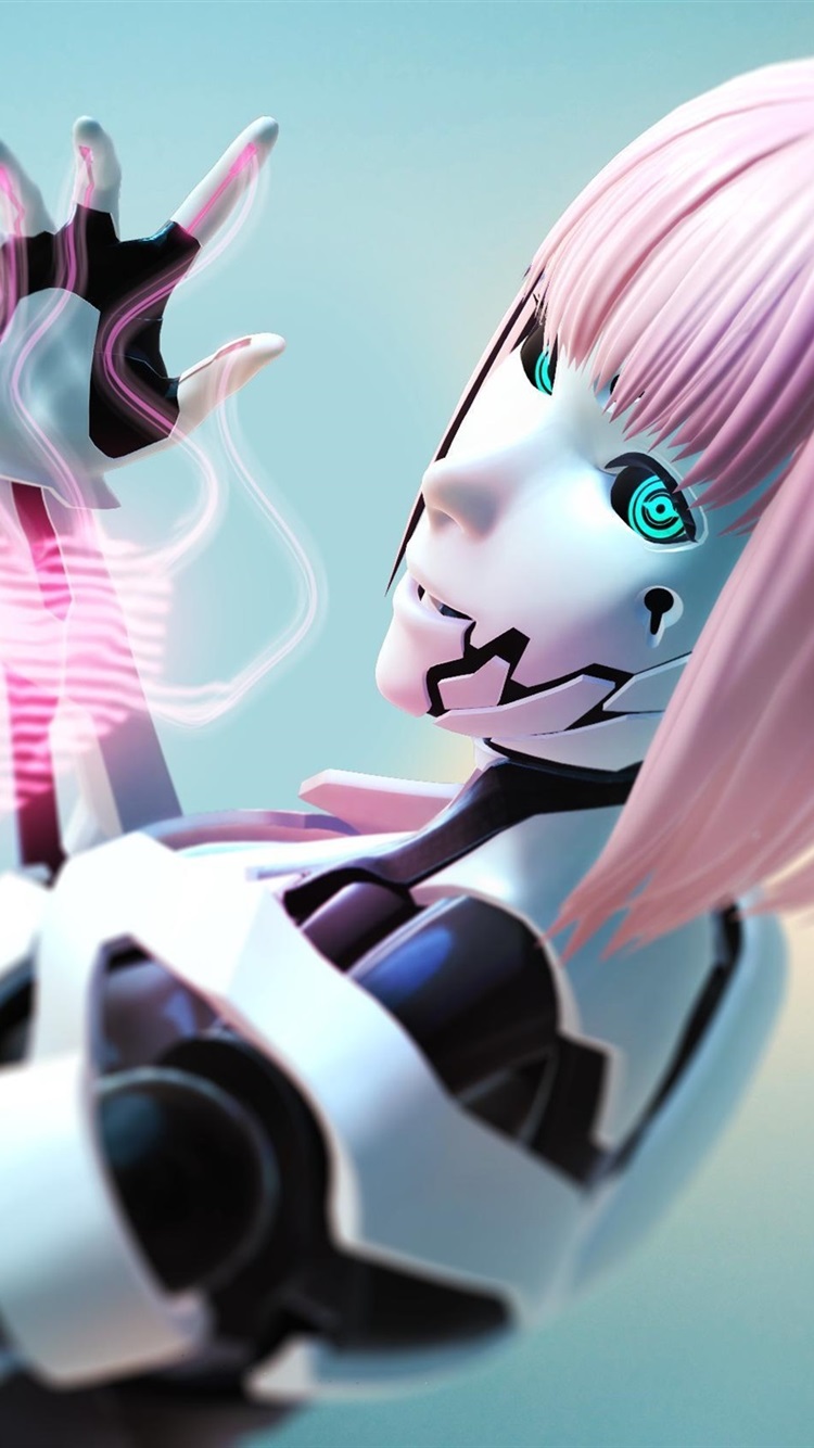 Robot, Pink Hair Girl 750x1334 IPhone 8 7 6 6S Wallpaper, Background, Picture, Image