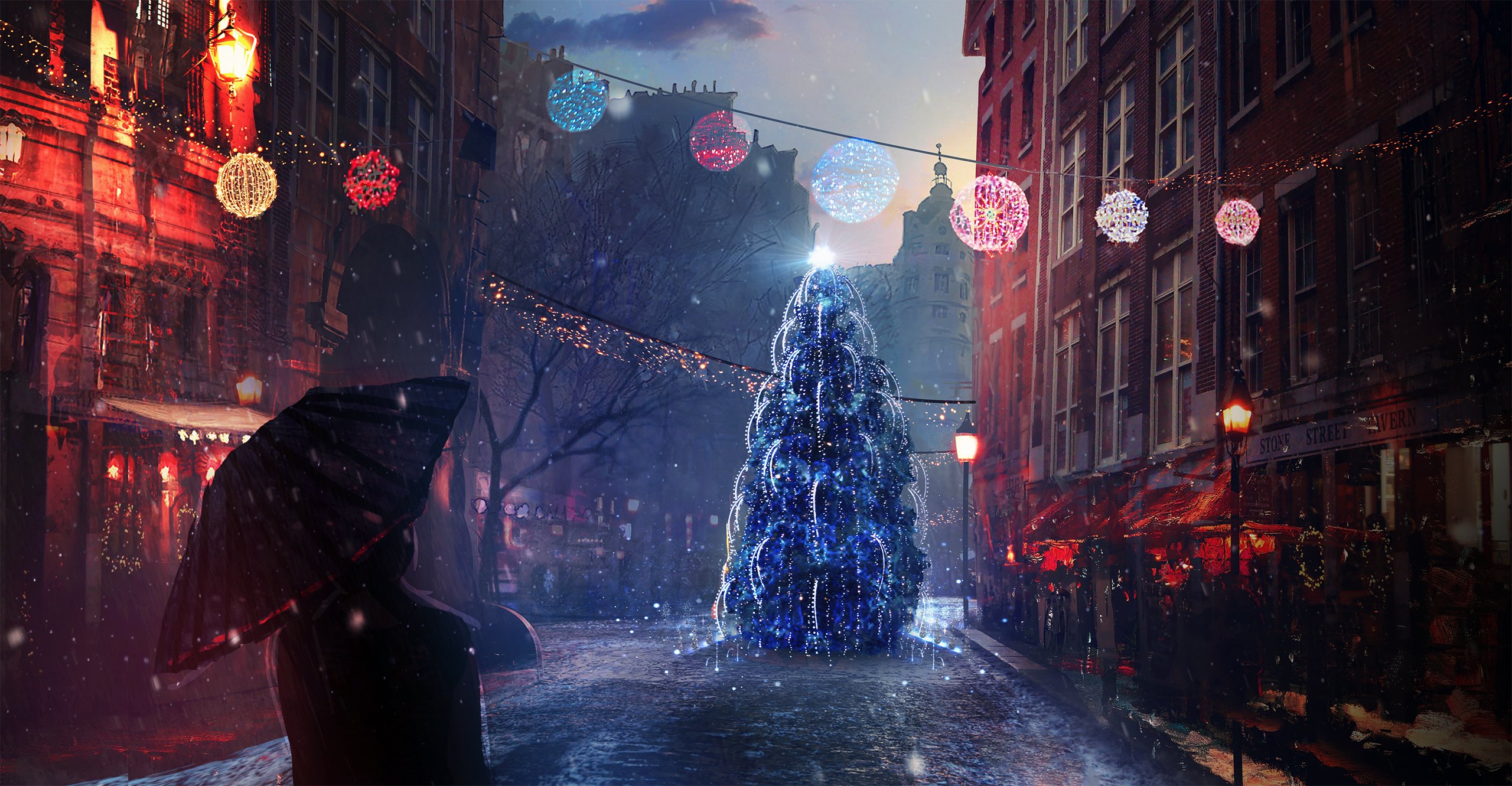 christmas, Holidays, Pictorial, Art, Street, Christmas, Tree, Umbrella, Cities Wallpaper HD / Desktop and Mobile Background
