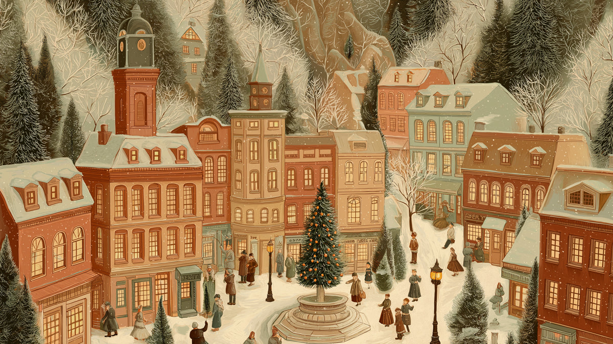 Victorian Town Square Christmas Mural Wallpaper