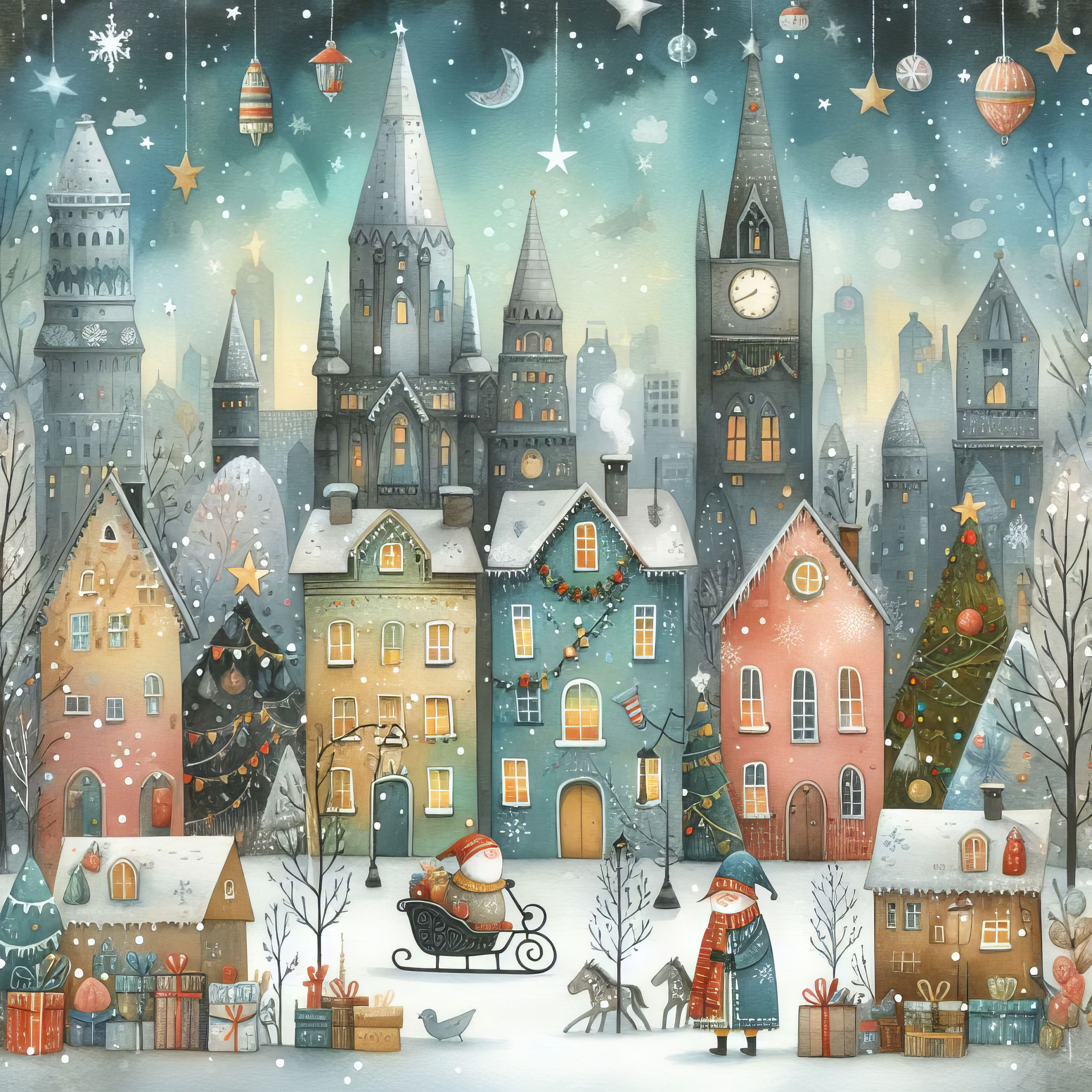 Whimsical Christmas City: Clip Art, 10 High Res Watercolor Jpgs, Junk Journaling, Scrapbooking, Card Making, Digital Art, Fantasy