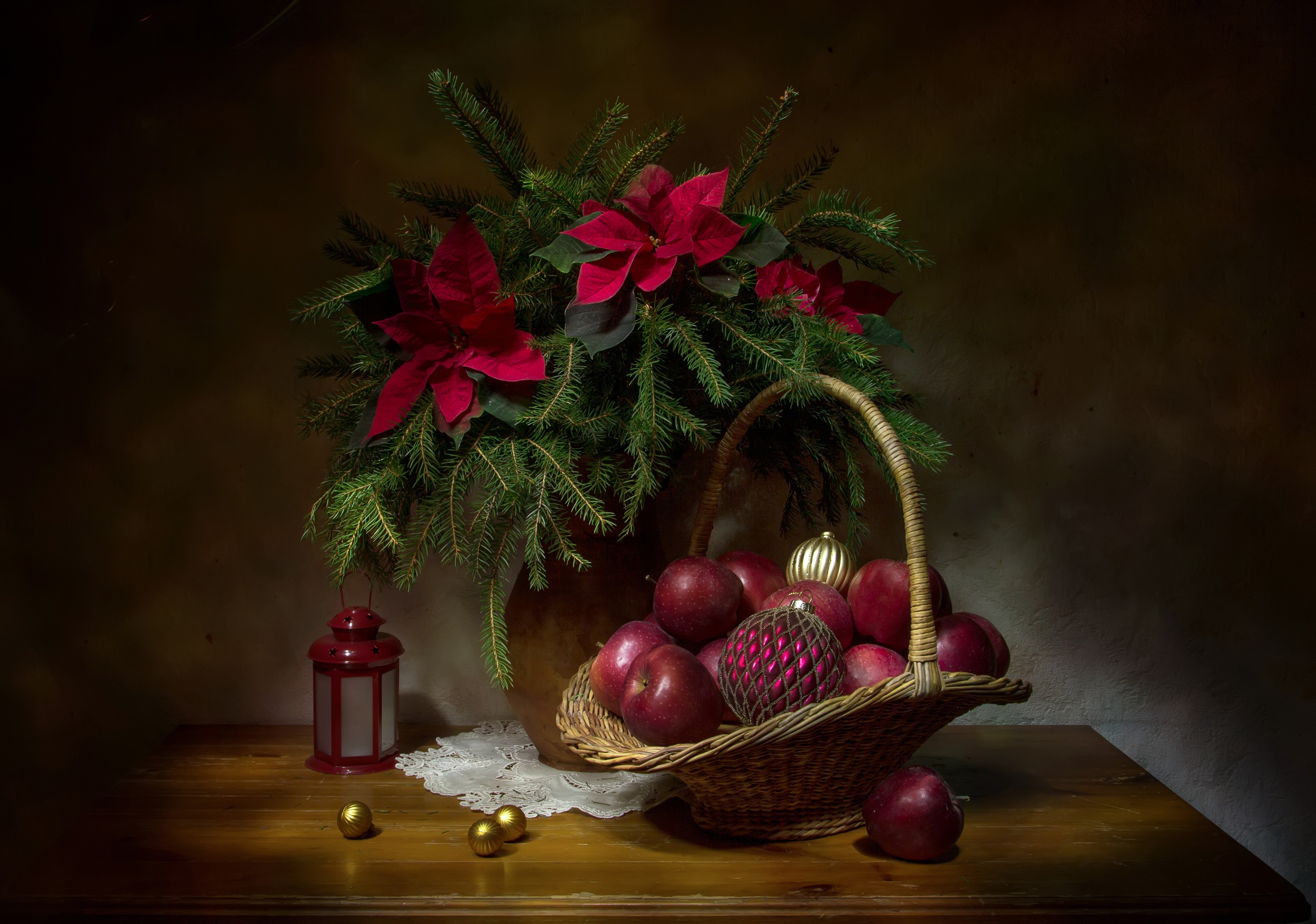 Wallpaper balls, balls, apples, new year, Christmas, lights, still life, basket for mobile and desktop, section новый год, resolution 3500x2456