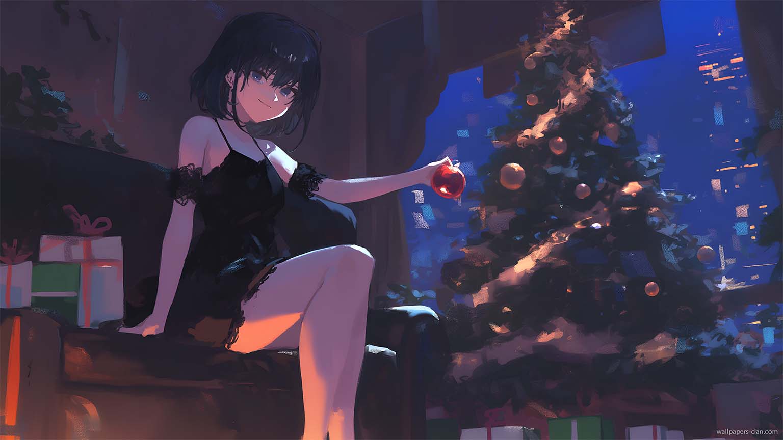 Anime Girl Christmas Tree Black Wallpaper 4K Wallpaper 4K