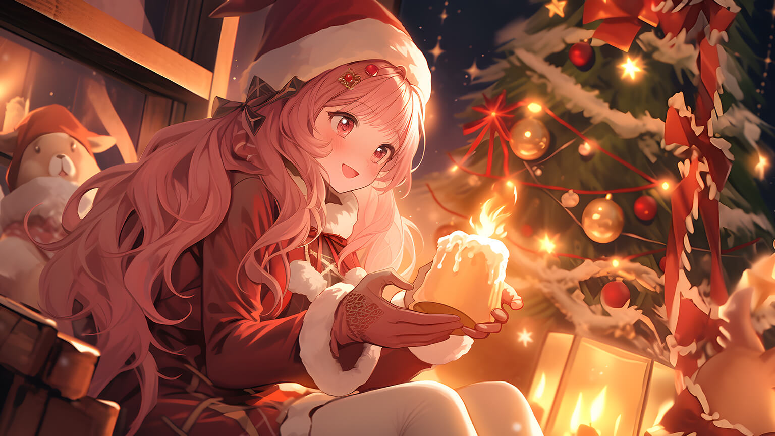 Christmas Anime Girl with Candle Desktop Wallpaper Free in 4K