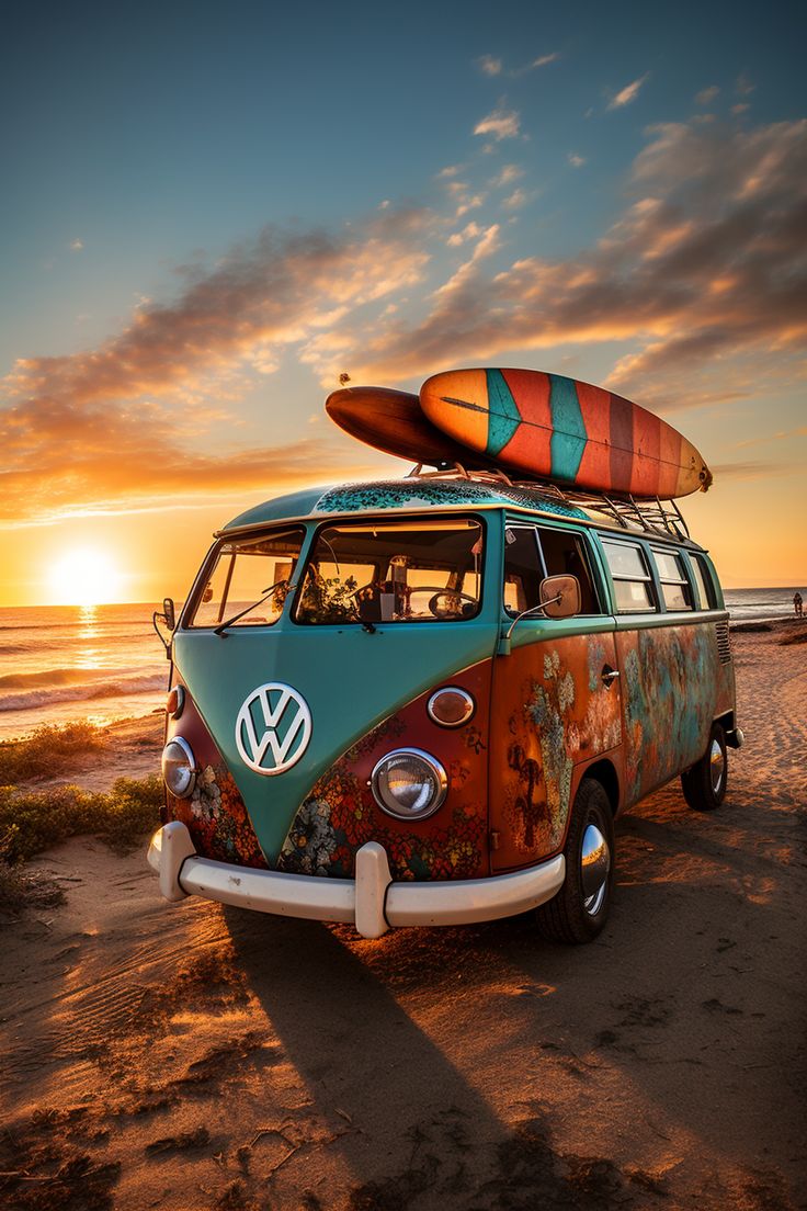VW Camper with Surfboards At The Beach