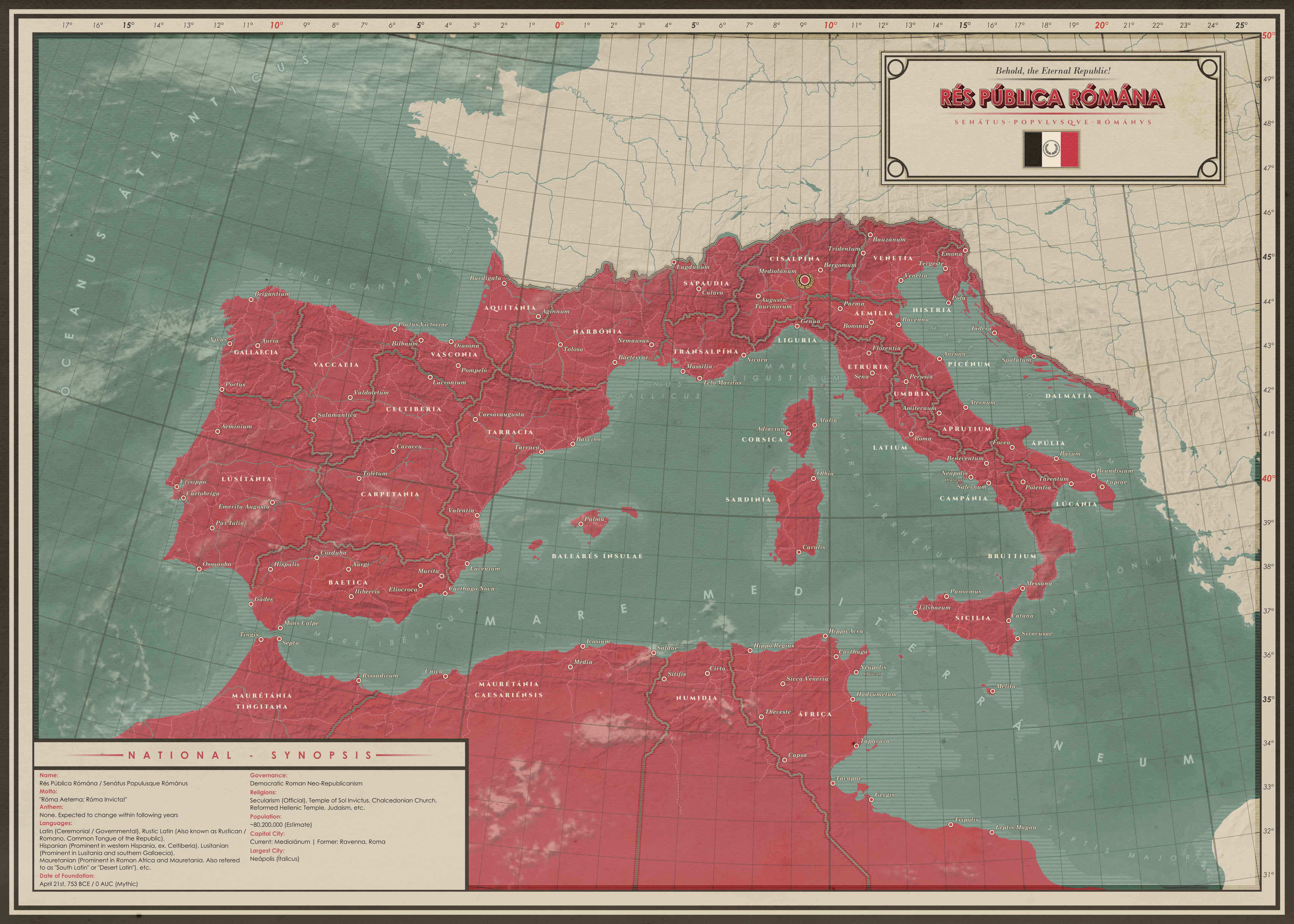 Map of the Roman Republic, 1910 CE AUC (some lore)