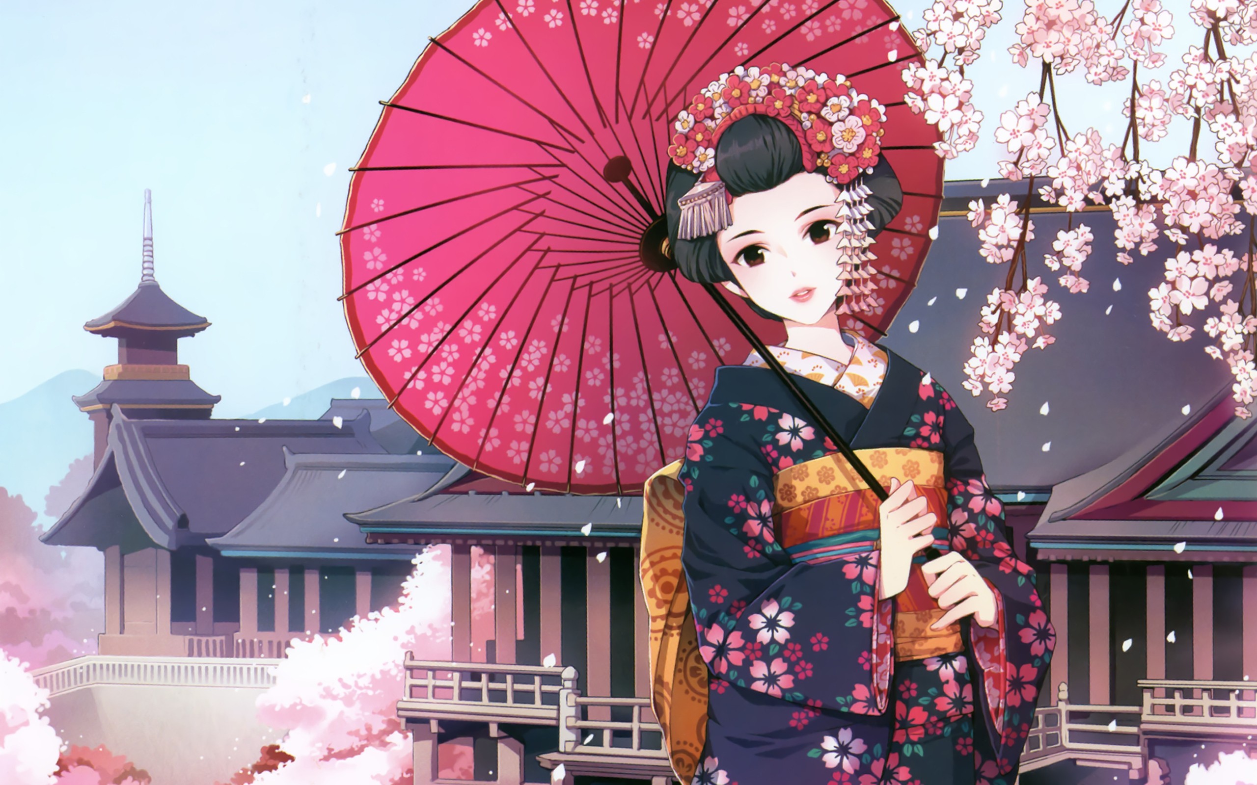 cherry, Blossoms, Flowers, Kimono, Umbrellas, Flower, Petals, Japanese, Clothes, Anime, Girls, Black, Hair, Nardack, artist Wallpaper HD / Desktop and Mobile Background