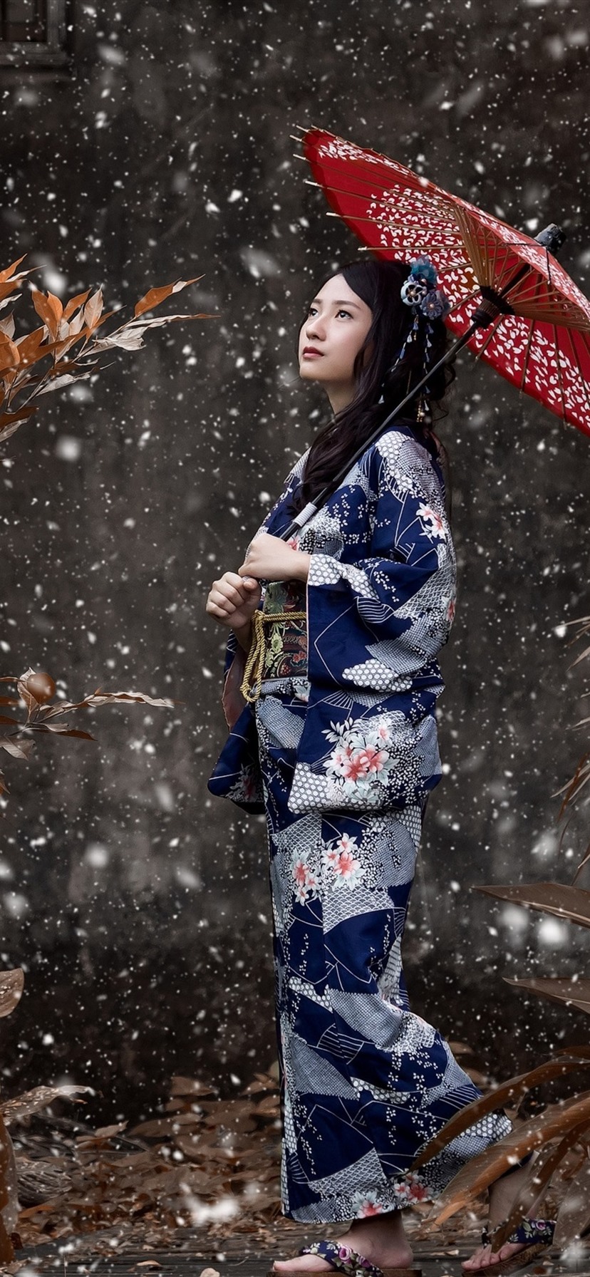 Japanese Girl, Blue Kimono, Umbrella, Snowy, Winter 1080x1920 IPhone 8 7 6 6S Plus Wallpaper, Background, Picture, Image