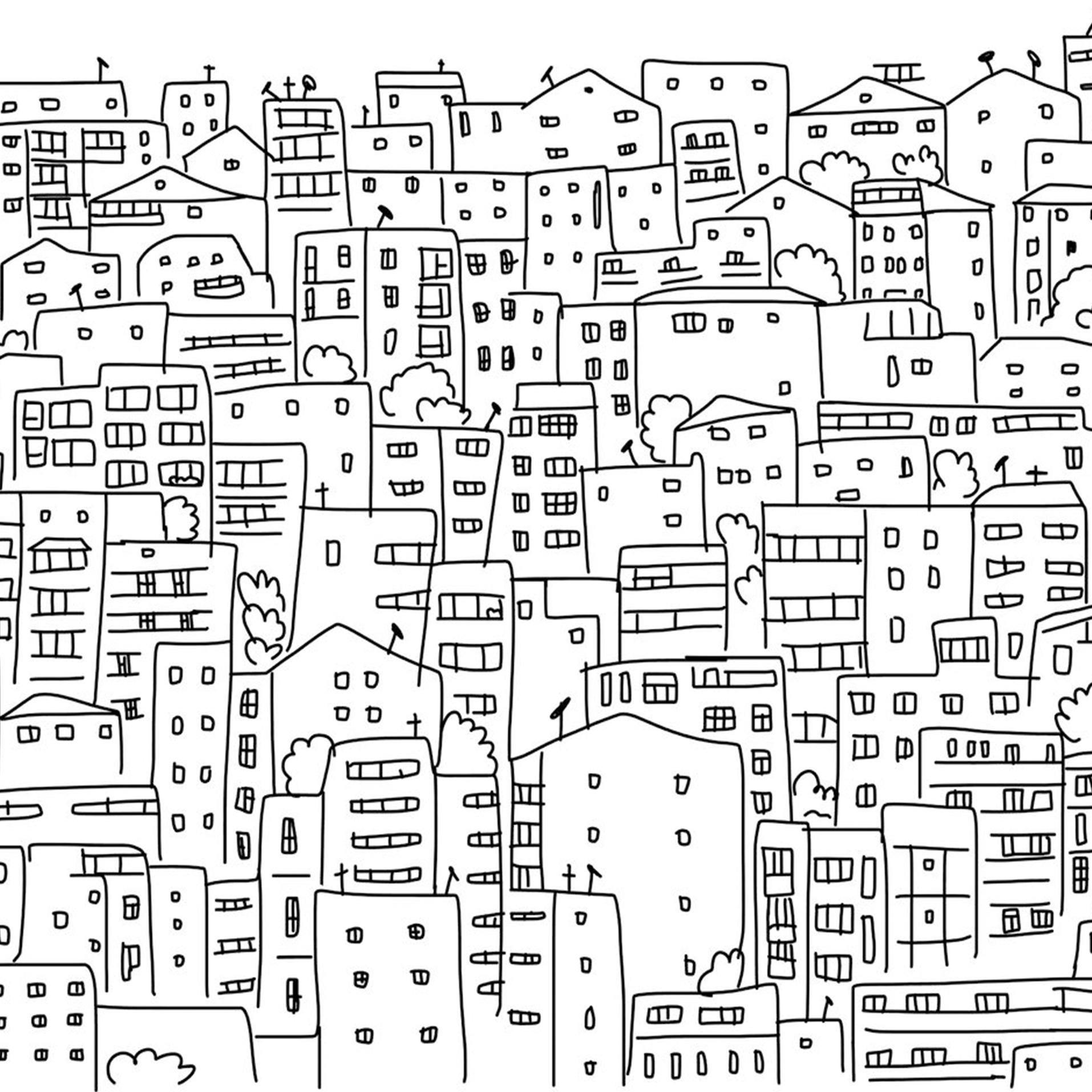 Black and White City Sketch Mural