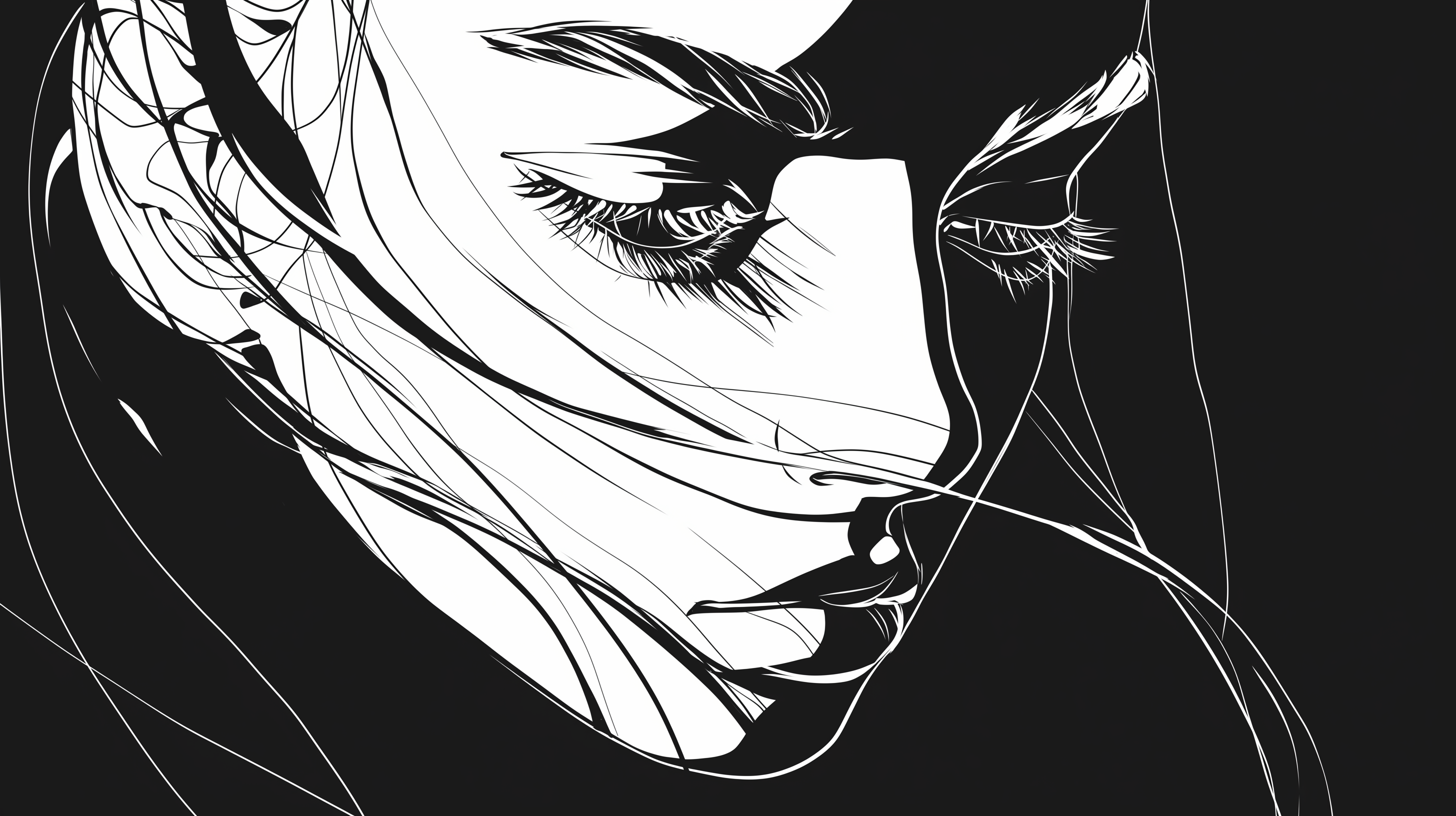 Line Art Mural Wallpaper. Black and White Manga Style