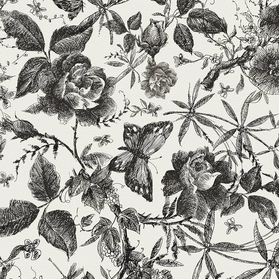 JiffDiff Floral Vintage Wallpaper Peel and Stick Wall Stick Black and White Rose Removable Vinyl Wall Paper Sketch Floral Decor for Living Room, Nursery, Wedding, 15.8inx 236in