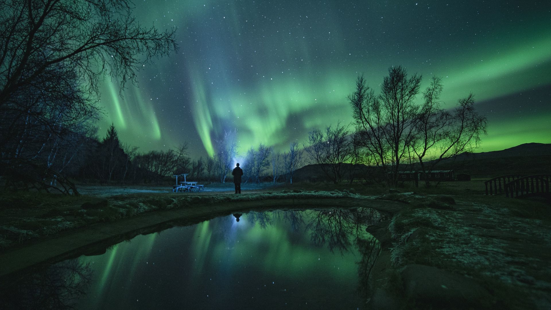 Download wallpaper 1920x1080 northern lights, aurora, night, silhouette, dark full hd, hdtv, fhd, 1080p HD background