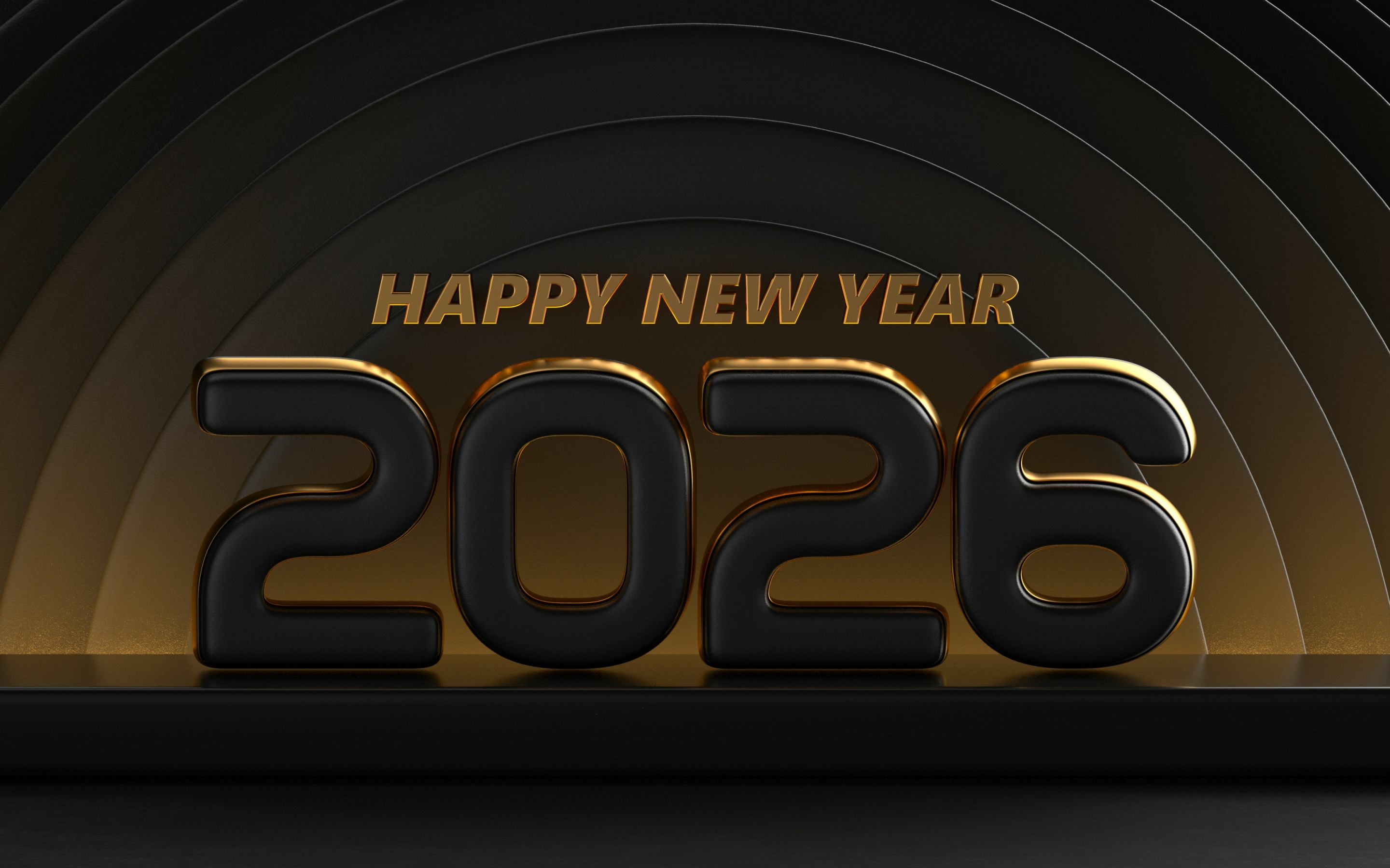 Happy New Year 2026 Wallpaper 4K, Black and gold, 3D text