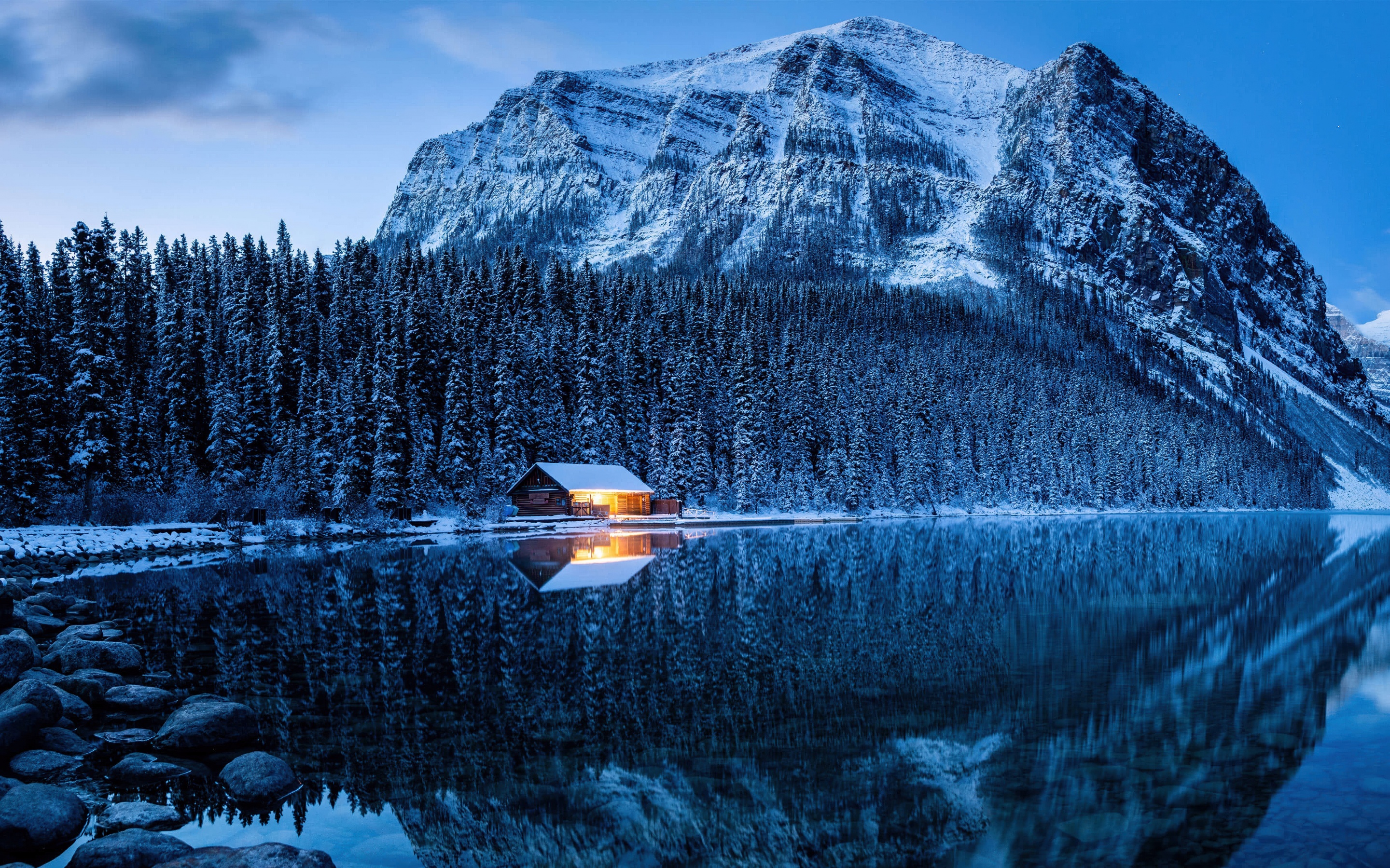 Lake Louise Wallpaper 4K, Winter forest, Cold, Reflections