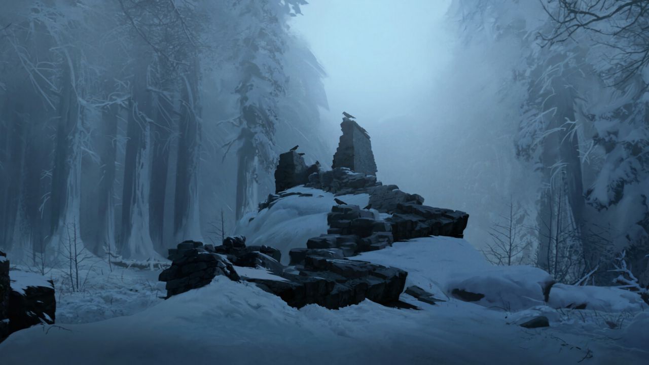 Wallpaper ruins, crows, birds, snow, art hd, picture, image