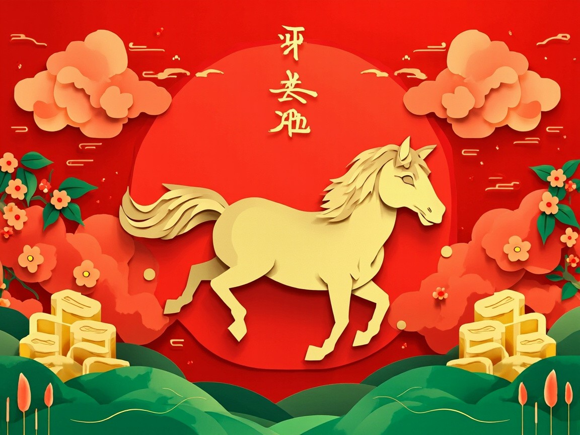 New Chinese Style Horse With Auspicious Elements, Red Paper Cut Illustration