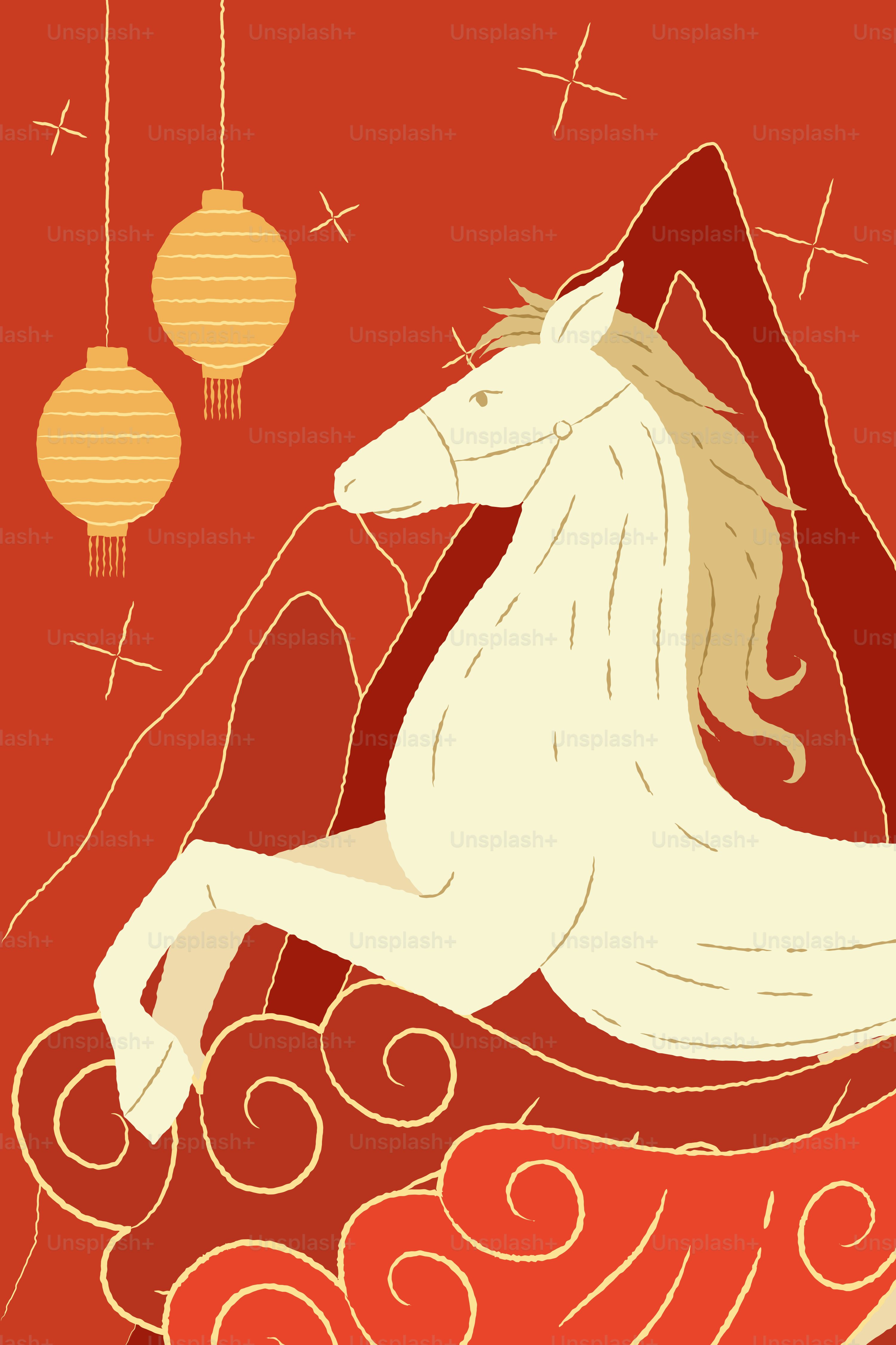 Red background with horse silhouette and flowers vector