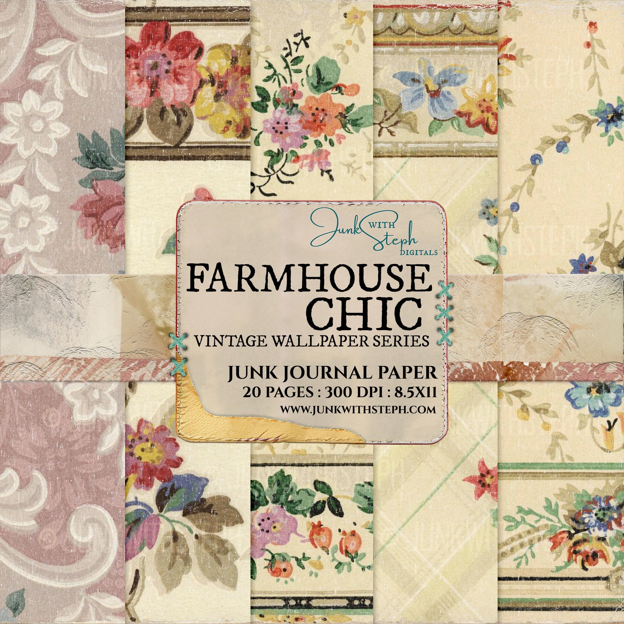 Farmhouse Chic Vintage Wallpaper: 20 Page Floral Paper Pack (digital Download)