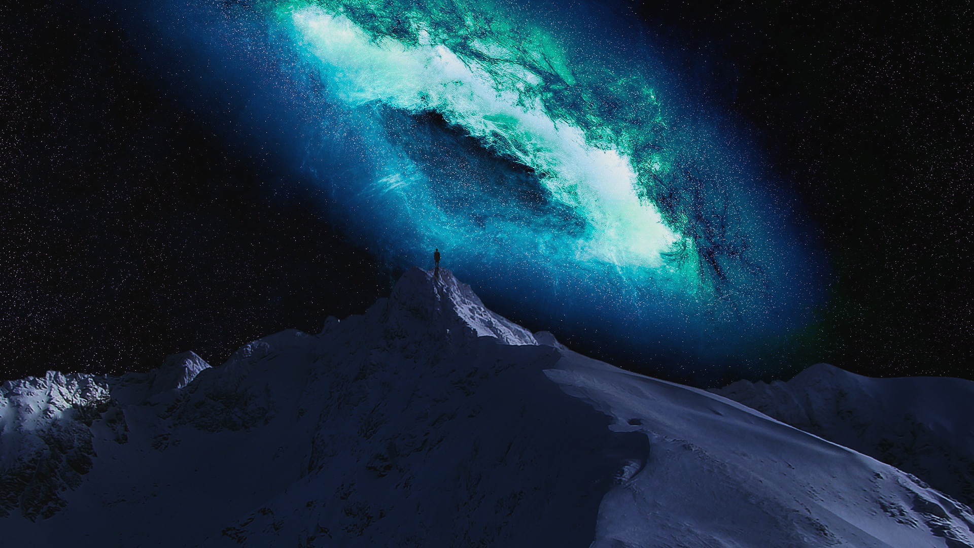 Free Image, nature, snow, cold, winter, sky, peaceful, peace, galaxy, aurora, outer space, mountain landscape, mountaineering, mount, planet, screenshot, nevado, astronomical object, atmosphere of earth, geological phenomenon 1920x1080