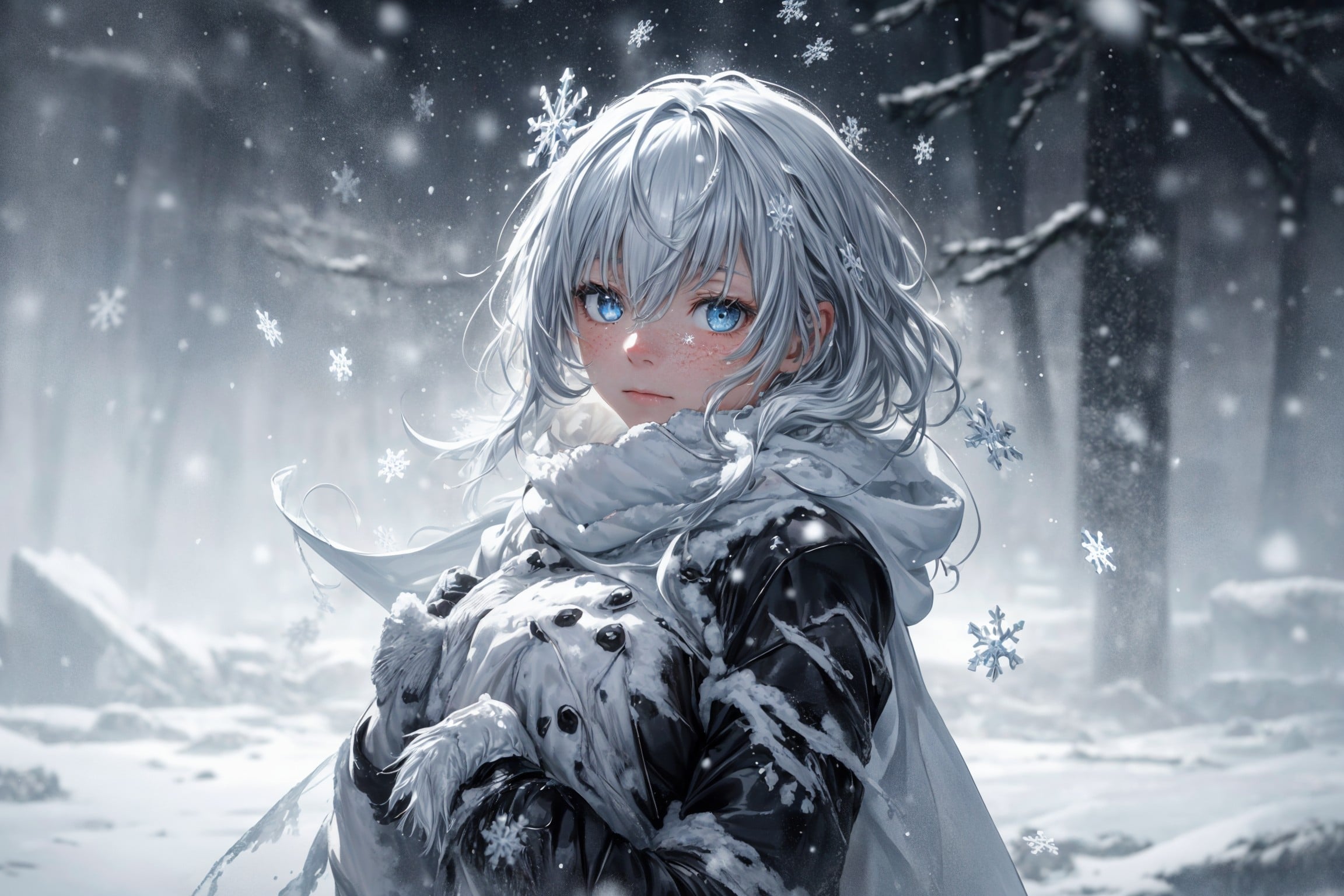 Anime girl in winter forest Wallpaper for Desktop