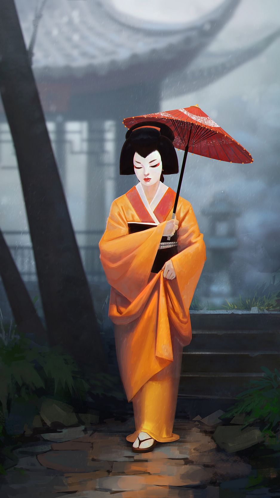 Download Wallpaper 938x1668 Geisha, Girl, Kimono, Umbrella, Art Iphone 8 7 6s 6 For Parallax HD Background
