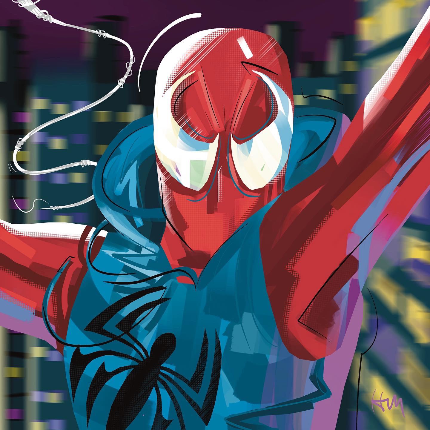 Scarlet Spider in the into the Spiderverse concept art style