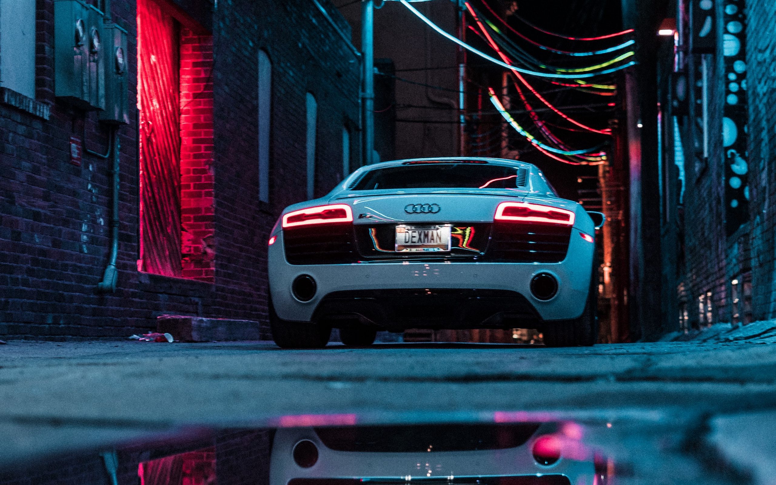 Download wallpaper 2560x1600 audi r8, audi, car, sports car, white, neon widescreen 16:10 HD background