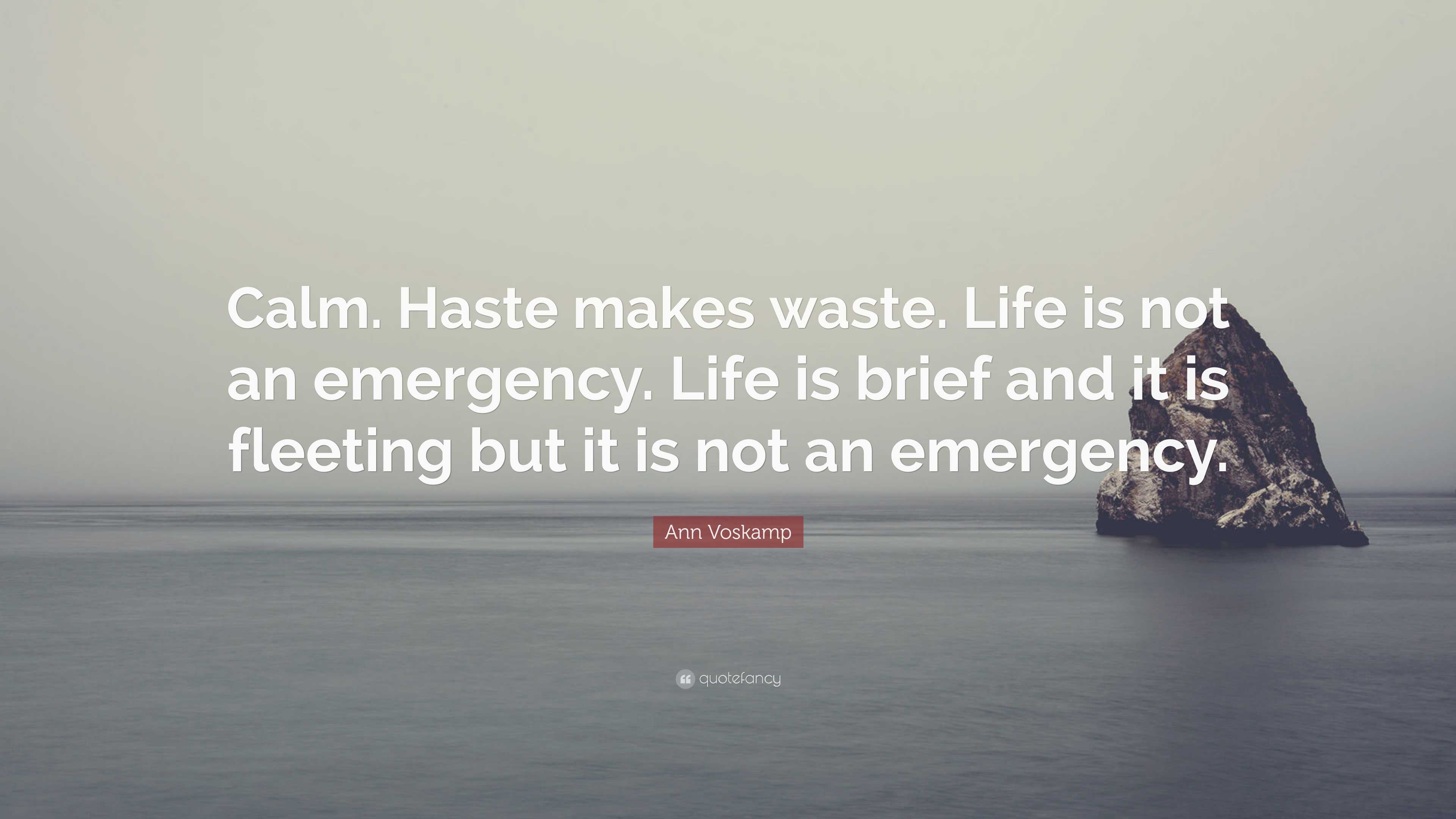 Ann Voskamp Quote: “Calm. Haste makes waste. Life is not an emergency. Life is brief and
