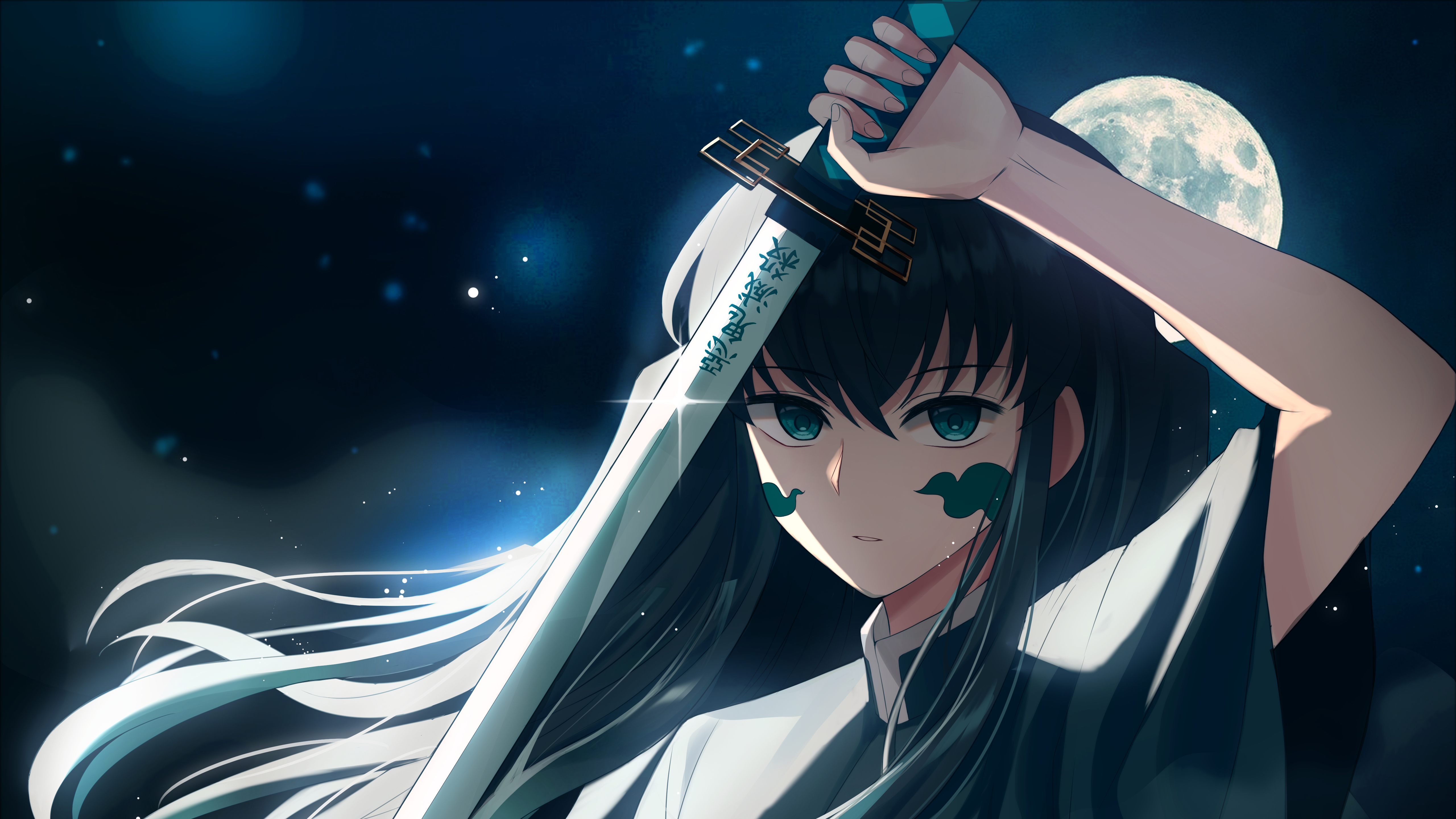 Black Hair Blue Eyes Muichiro Tokito With Sword In Moon Sky Background HD Demon Slayer Kimetsu no Yaiba Wallpaper