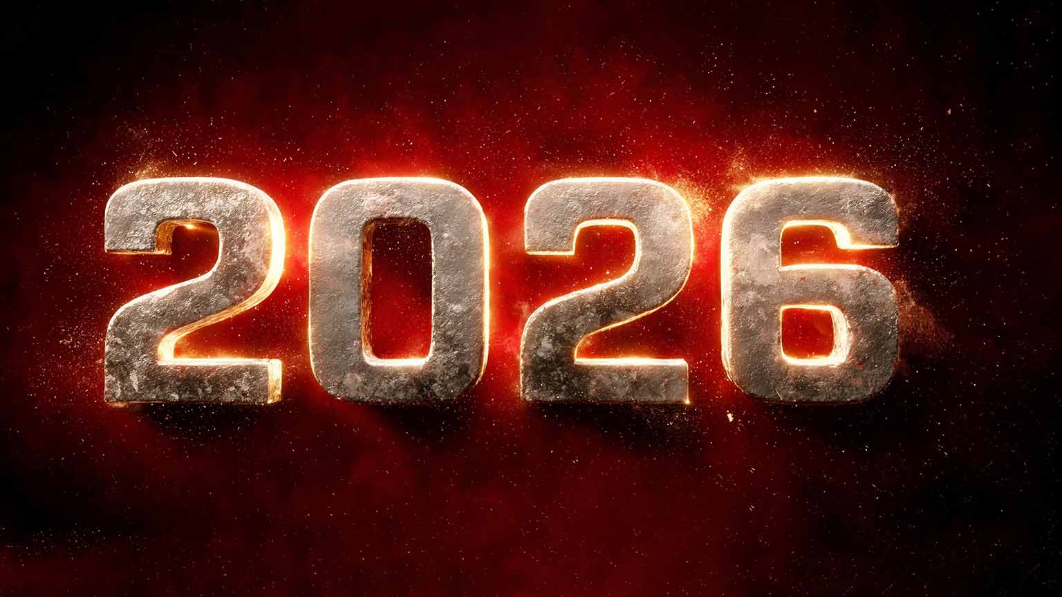 Free New Year 2026 Burning Metal Text Desktop Wallpaper 4k