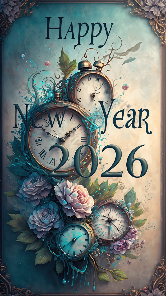 Feliz Celebración Del Año Nuevo 2026 Con Relojes Antiguos Y Flores. Fondos Plantilla PNG Descarga Gratuita