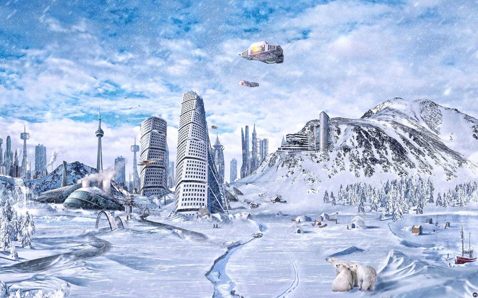 Futuristic Snowbound Cityscape with Spaceships
