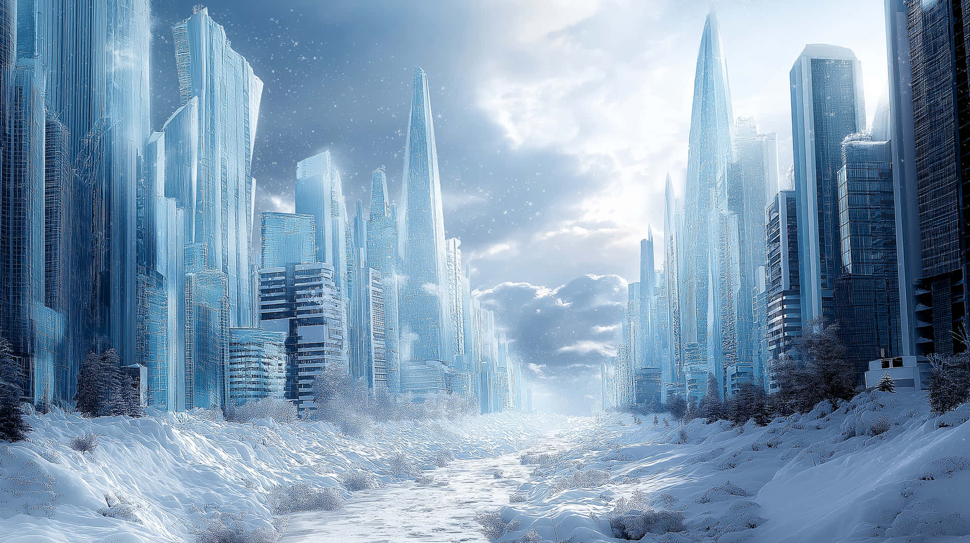 Download Frozen Futuristic Metropolis With Towering Ice Skyscrapers Wallpaper