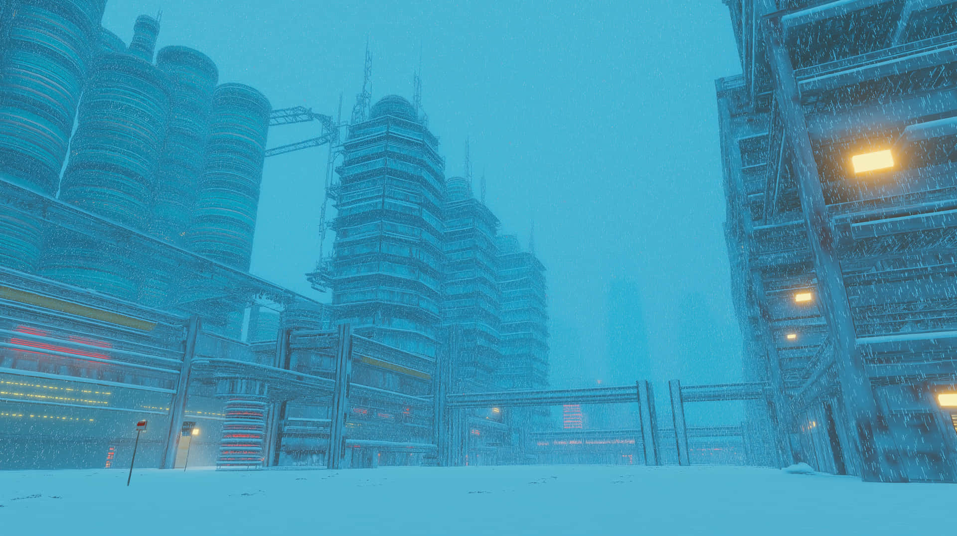 Download Snowy Futuristic Industrial Cityscape With Towering Structures Wallpaper