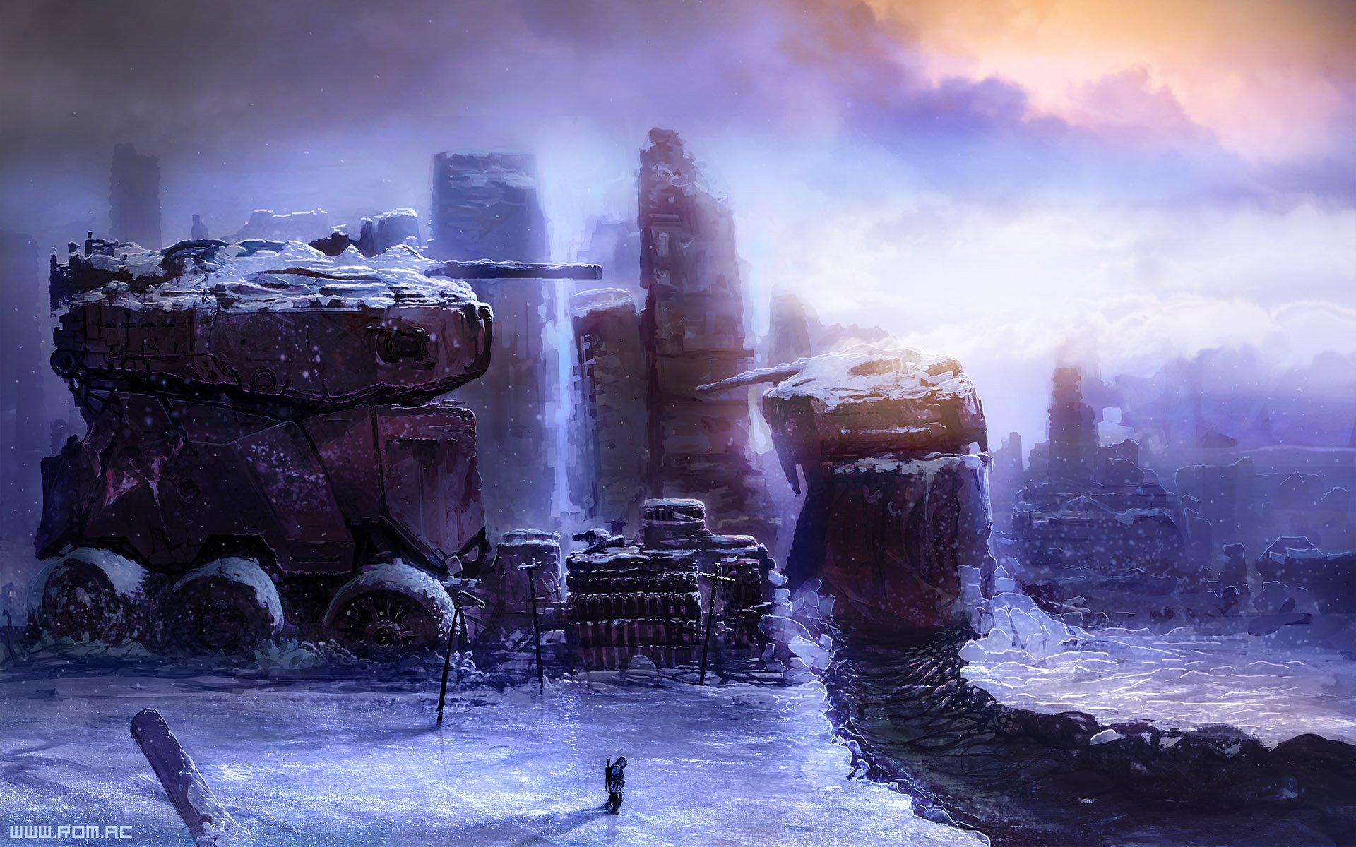 x, Romantically, Apocalyptic, Fantasy, Sci fi, City, Ruins, Weapon, Gun, Winter Wallpaper HD / Desktop and Mobile Background