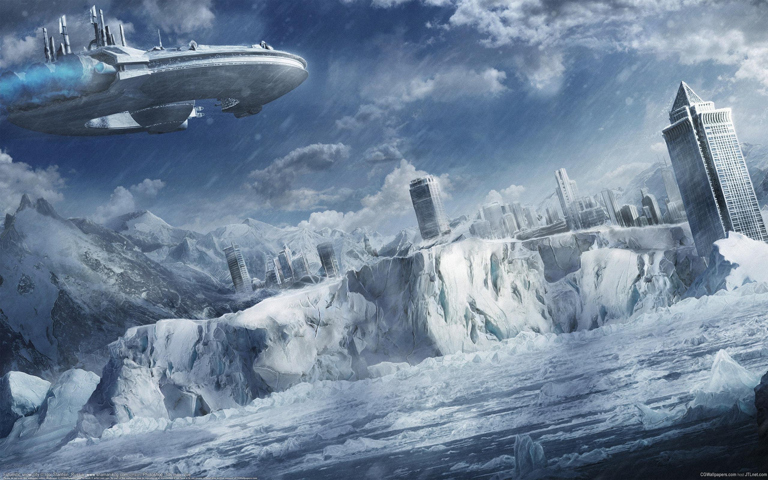 Wallpaper winter, sea, snow, mountains, the city, ship, art, ice for mobile and desktop, section фантастика, resolution 2560x1600