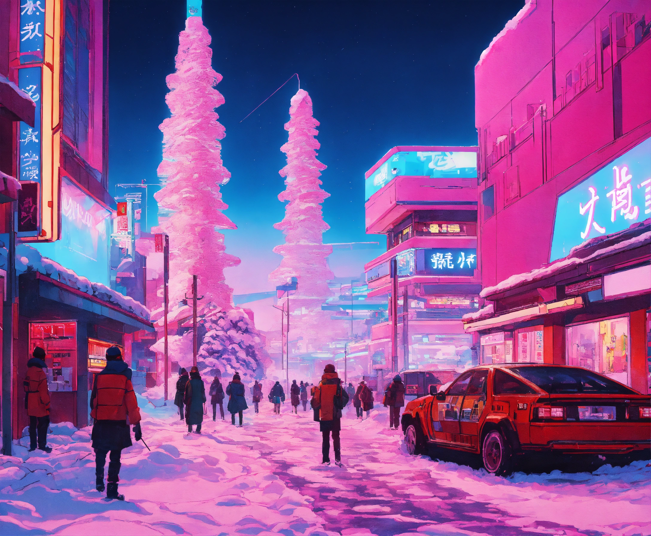 Synthwave style Japan future city in winter wonderland with ice statues